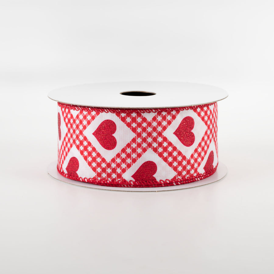1.5" Glitter Hearts Gingham Argyle Ribbon: Red (10 Yards) Item Number: 11201-09-12