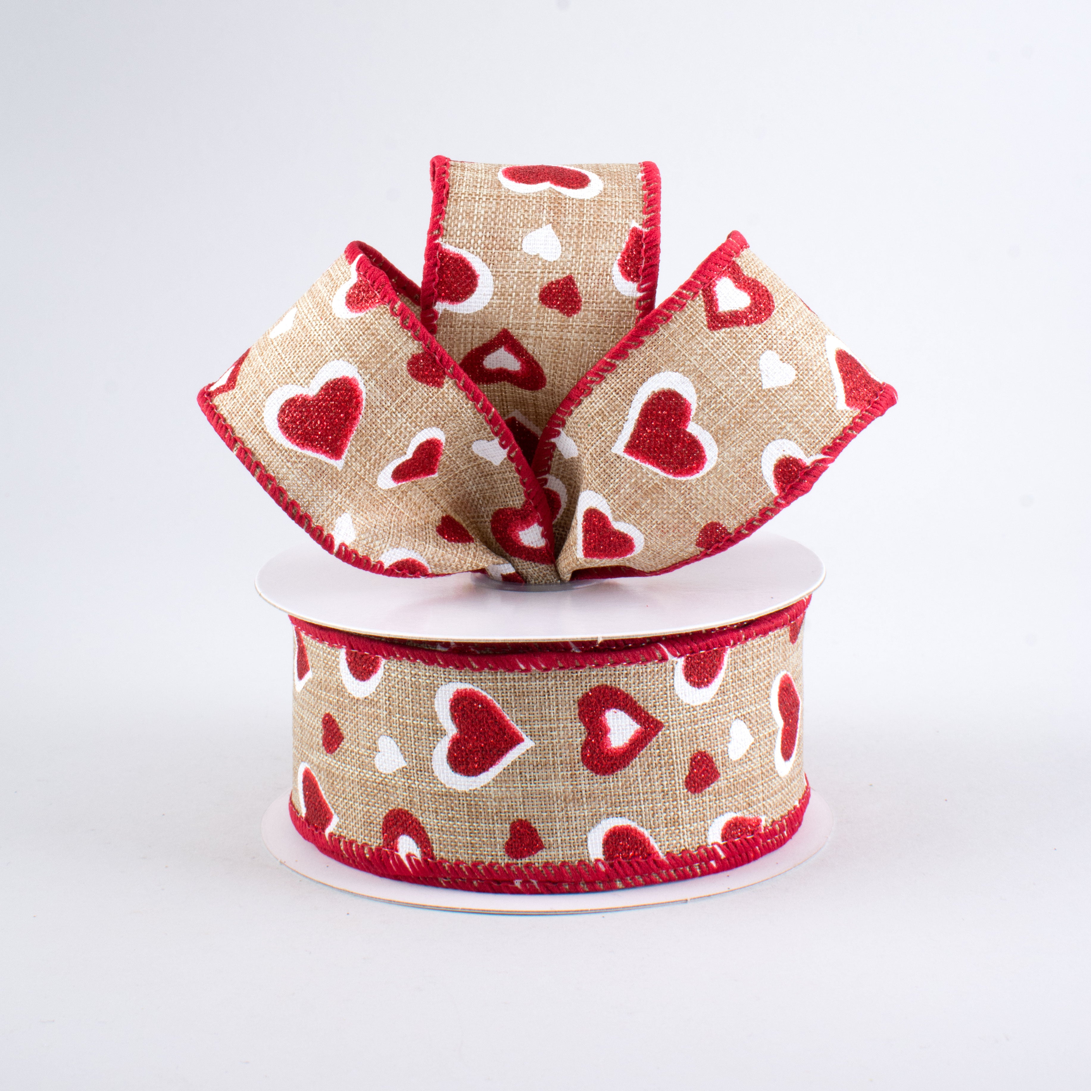 1.5" Glitter Hearts Ribbon: Natural, Red, White (10 Yards) Lifestyle Photo