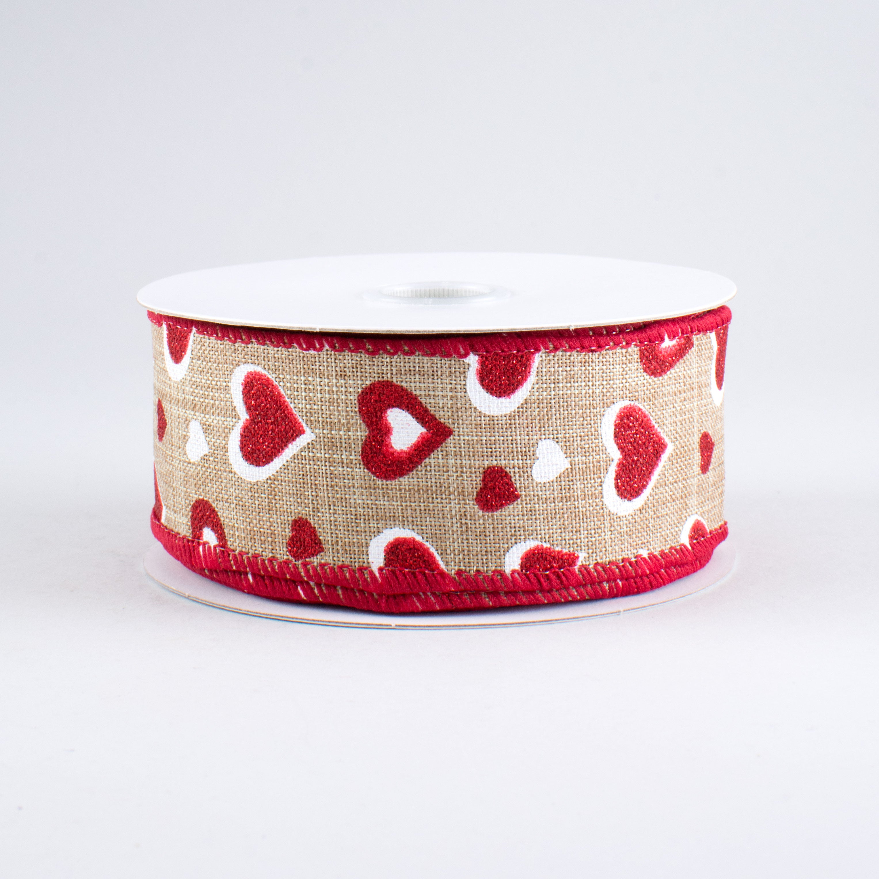1.5" Glitter Hearts Ribbon: Natural, Red, White (10 Yards)