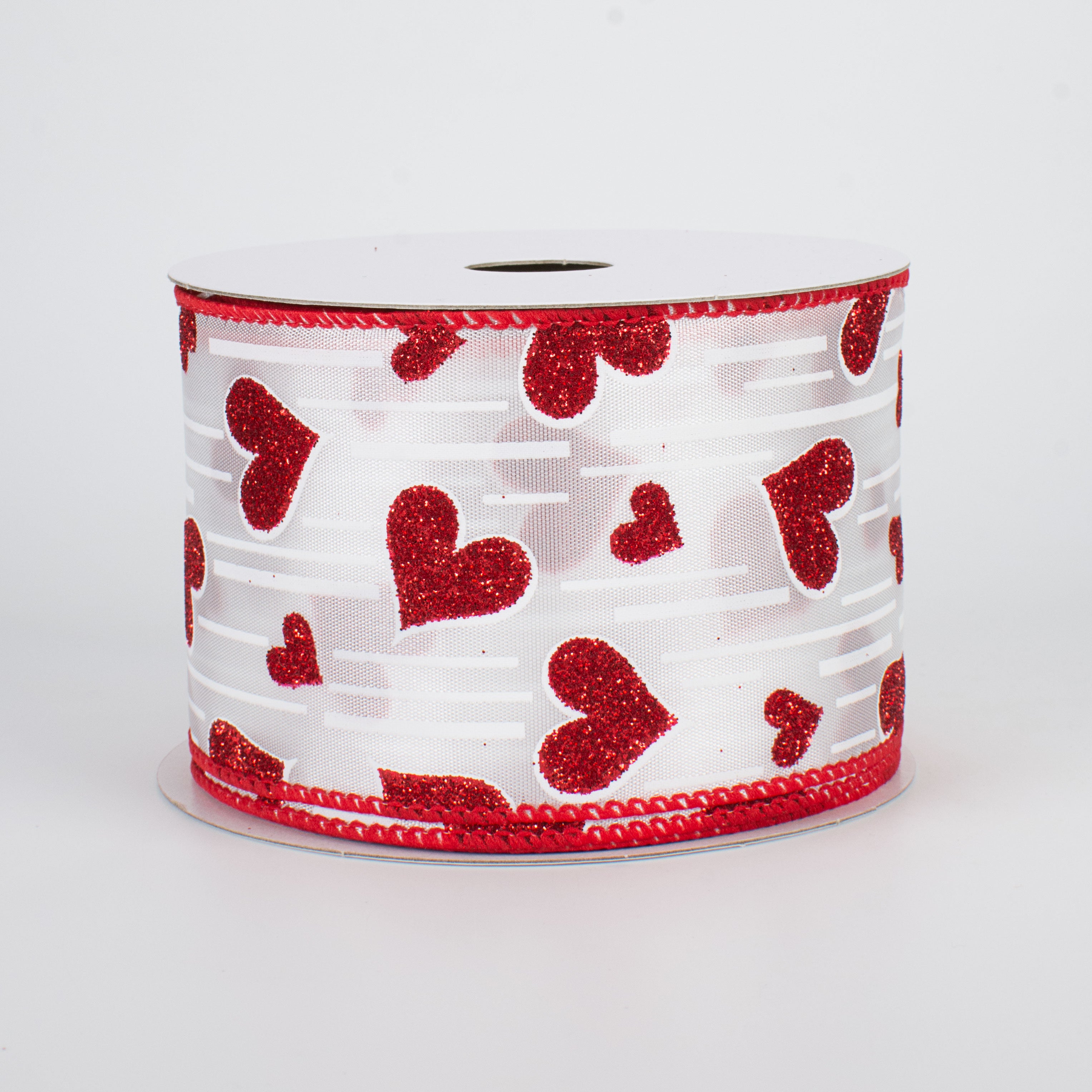 2.5" Glitter Hearts Ribbon: Red With White Lines (10 Yards)