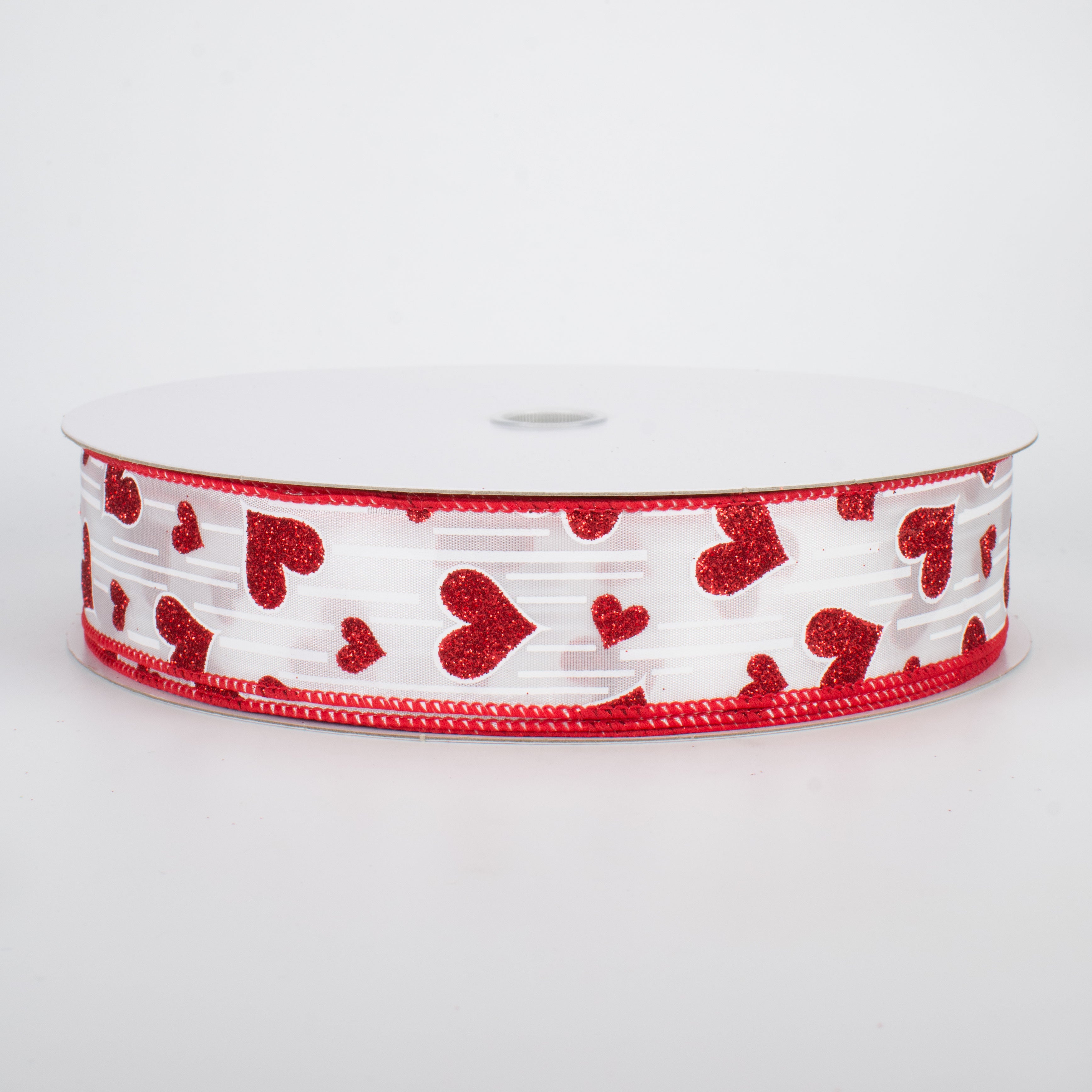 1.5" Glitter Hearts Ribbon: Red With White Lines (50 Yards) Item Number: Q501909-611