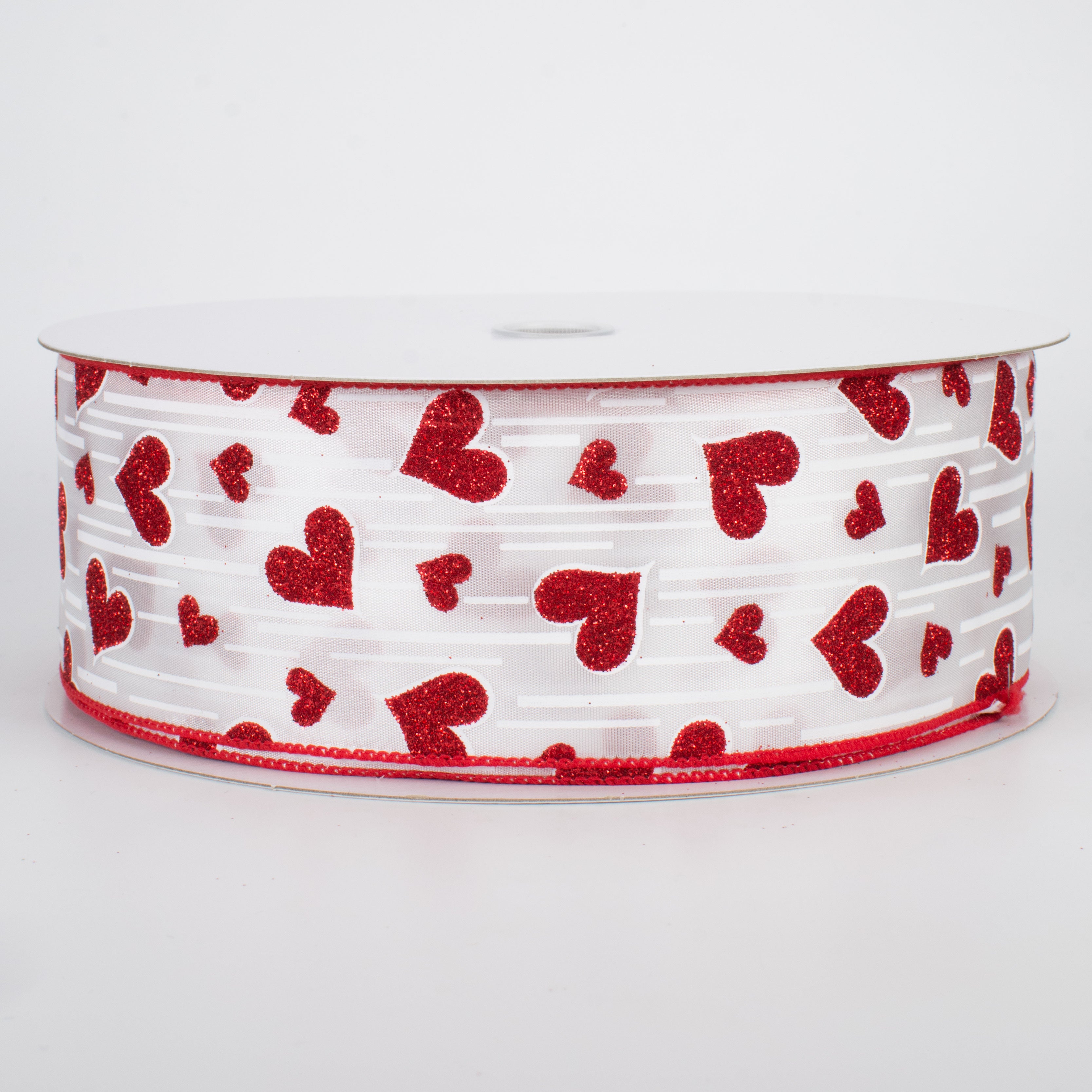 2.5" Glitter Hearts Ribbon: Red With White Lines (50 Yards) Item Number: Q501940-611