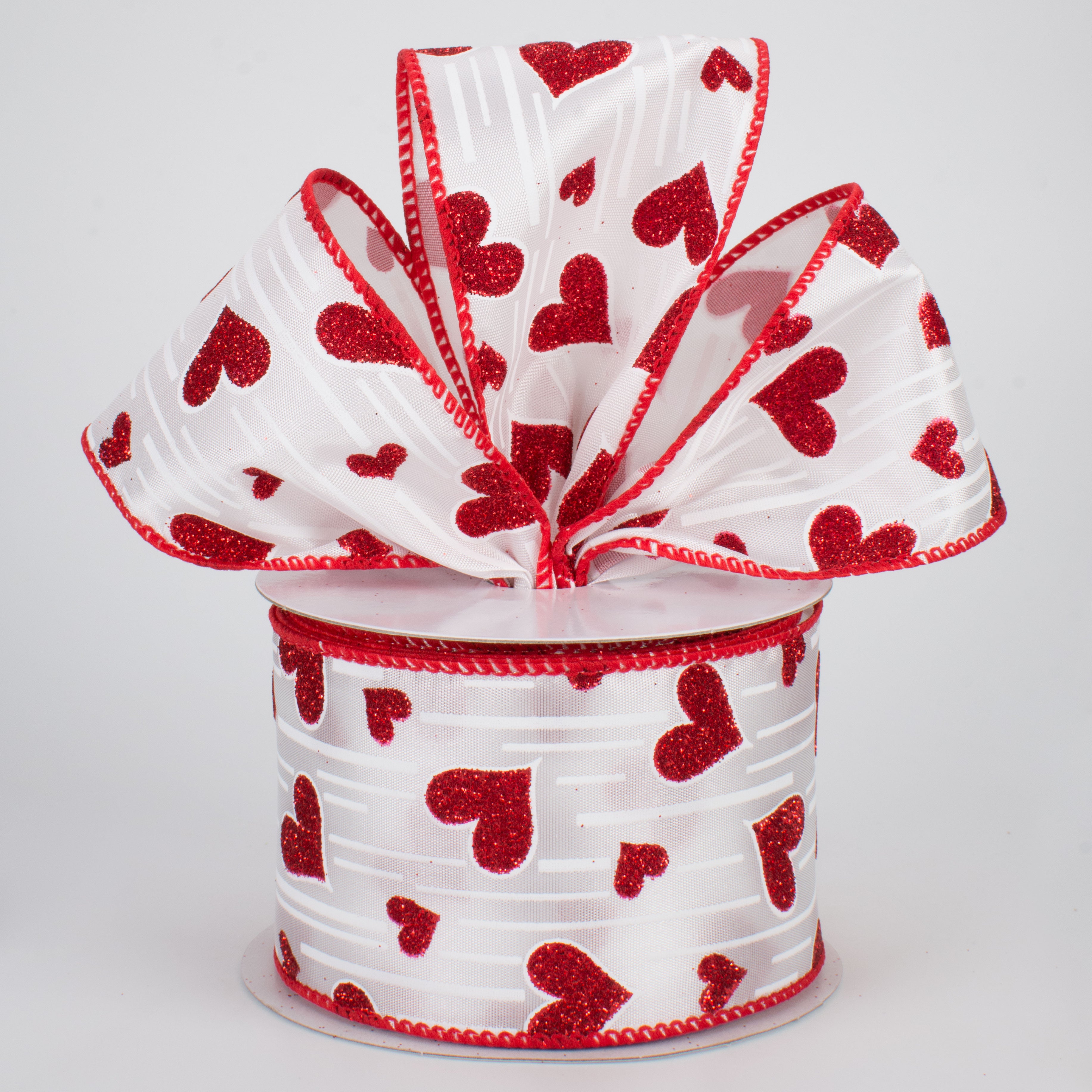 2.5" Glitter Hearts Ribbon: Red With White Lines (10 Yards) Lifestyle Photo