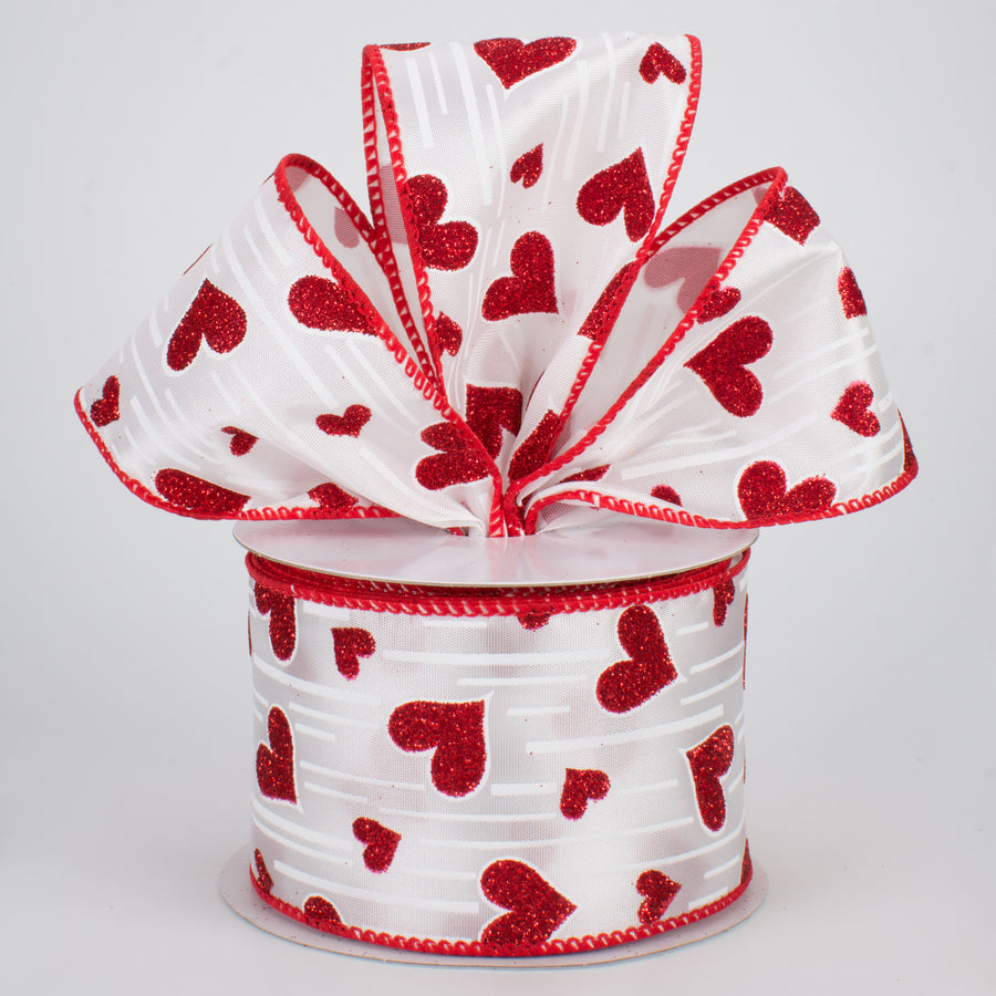 2.5" Glitter Hearts Ribbon: Red With White Lines (10 Yards) Lifestyle Photo