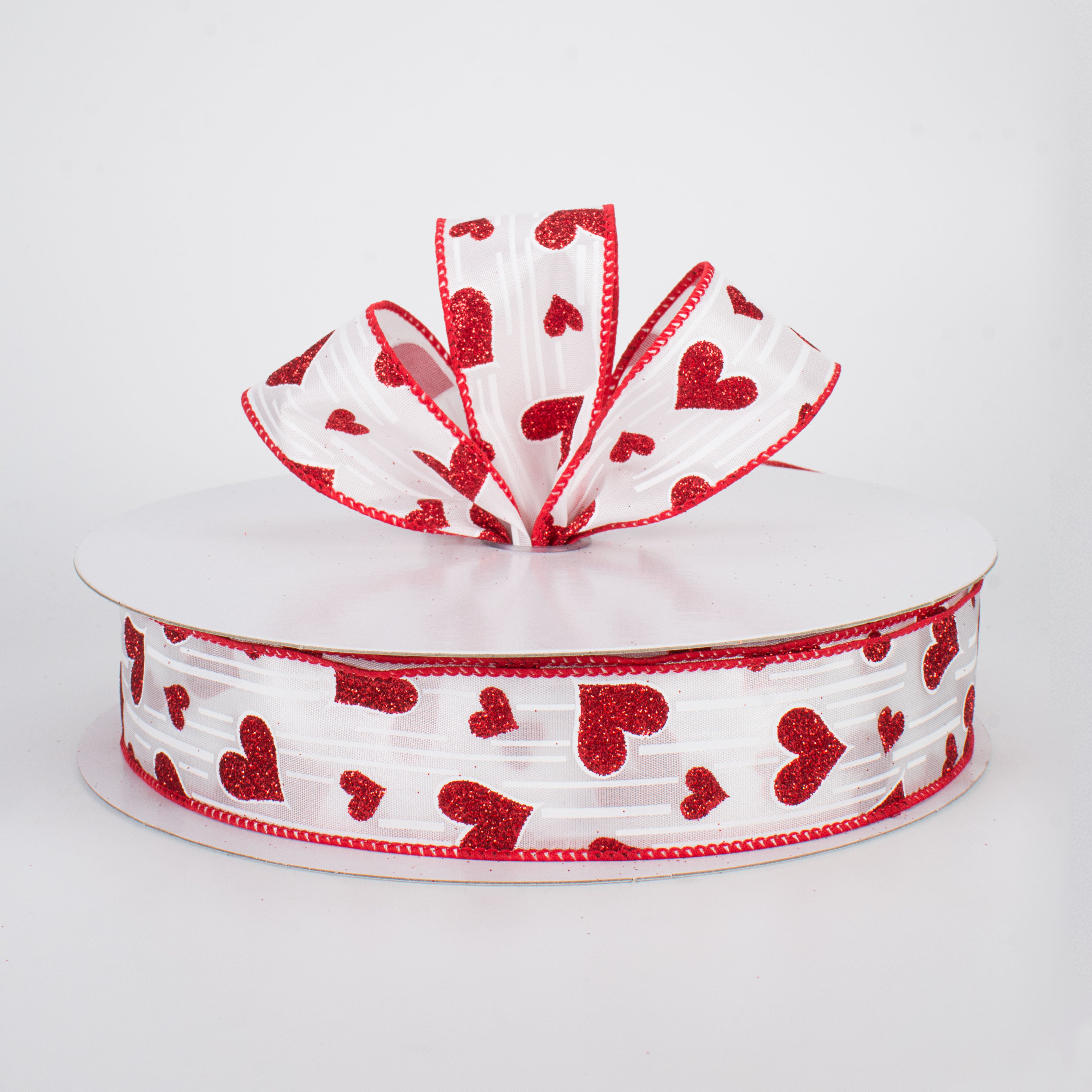 1.5" Glitter Hearts Ribbon: Red With White Lines (50 Yards) Lifestyle Photo