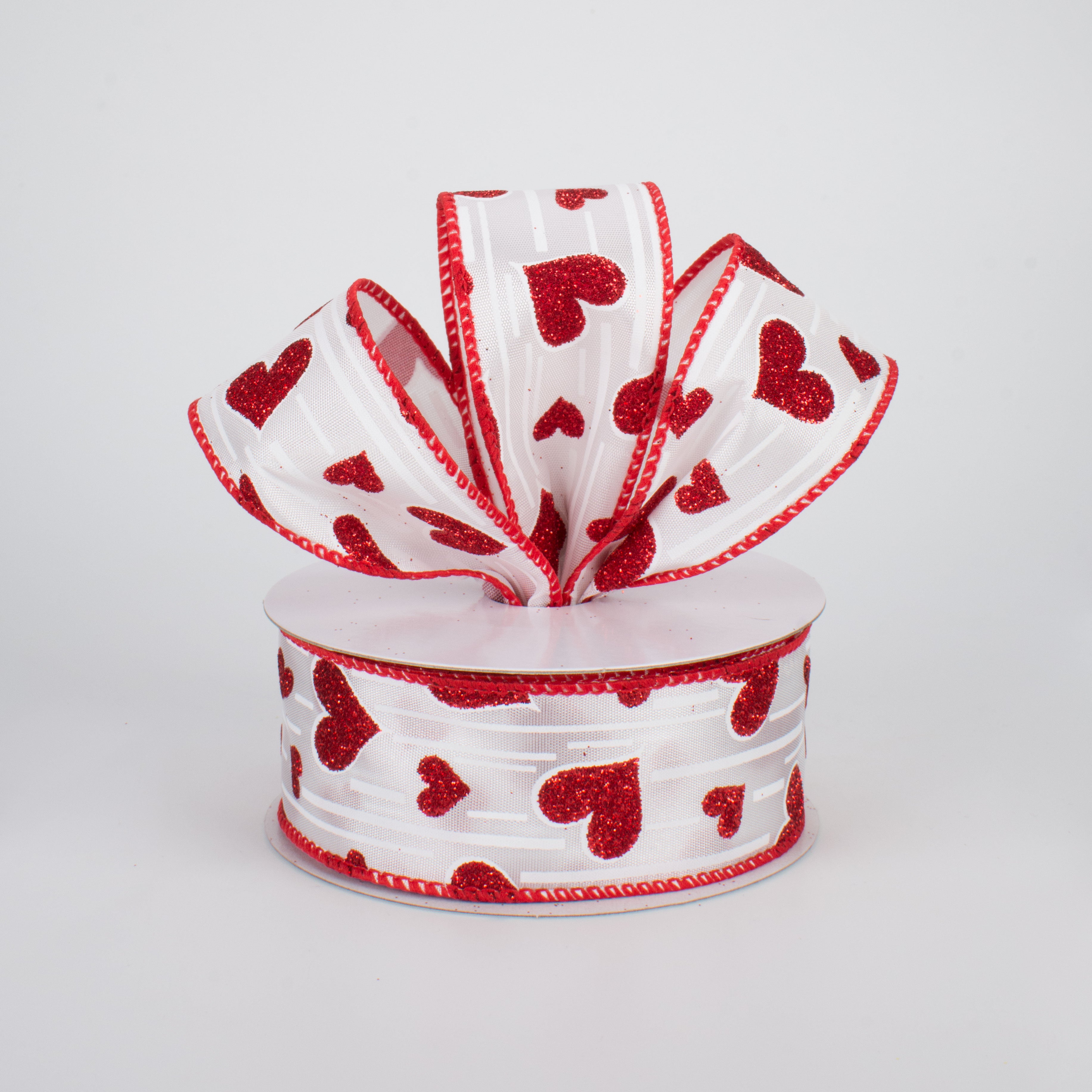 1.5" Glitter Hearts Ribbon: Red With White Lines (10 Yards) Lifestyle Photo