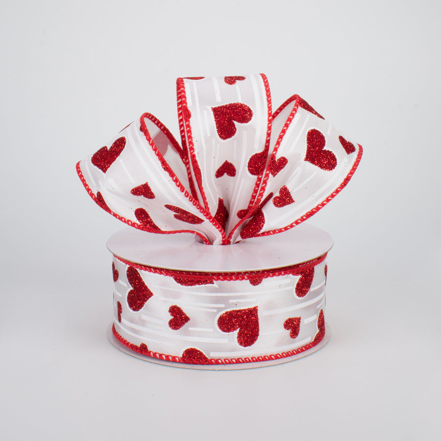 1.5" Glitter Hearts Ribbon: Red With White Lines (10 Yards) Lifestyle Photo