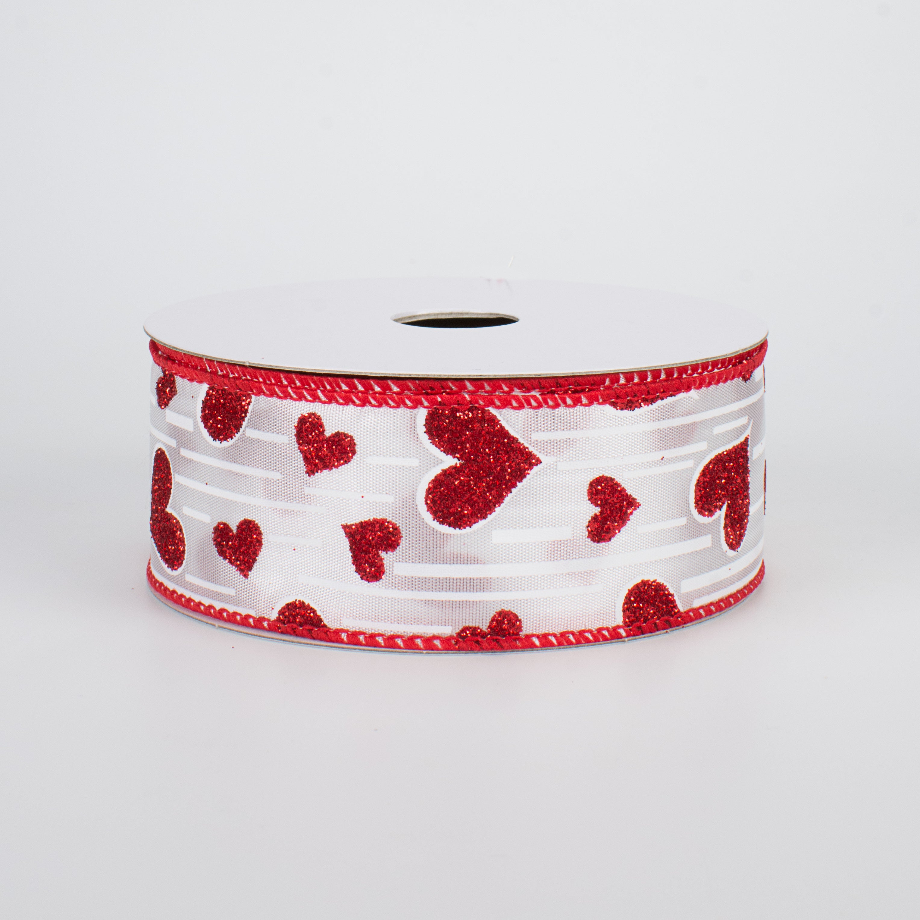 1.5" Glitter Hearts Ribbon: Red With White Lines (10 Yards)