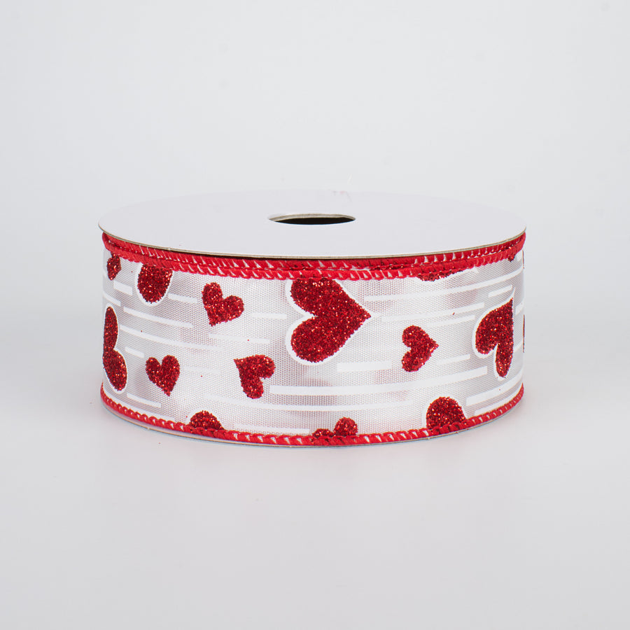 1.5" Glitter Hearts Ribbon: Red With White Lines (10 Yards)