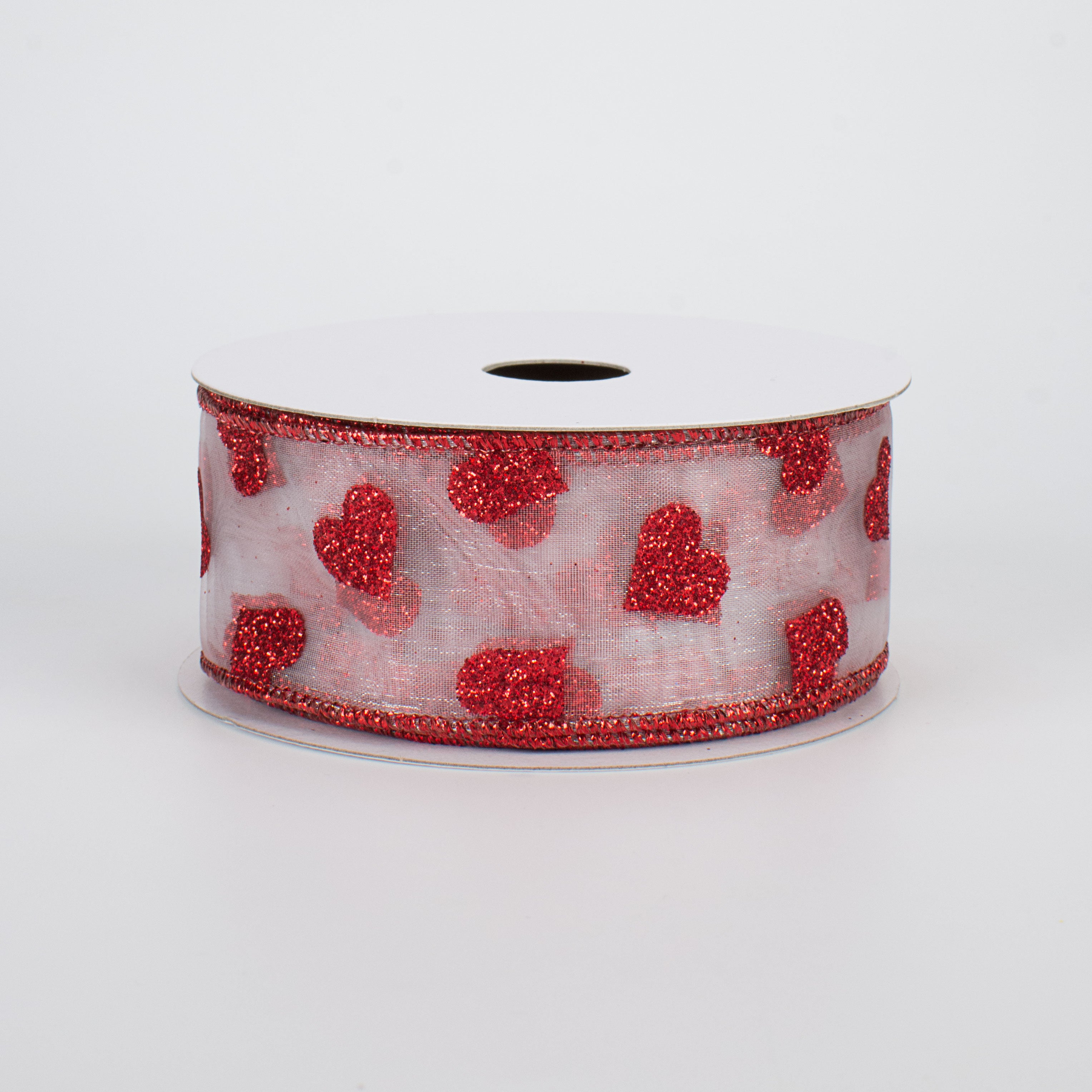1.5" Glitter Hearts Ribbon: Red On White Sheer (10 Yards) Item Number: Q610109-01