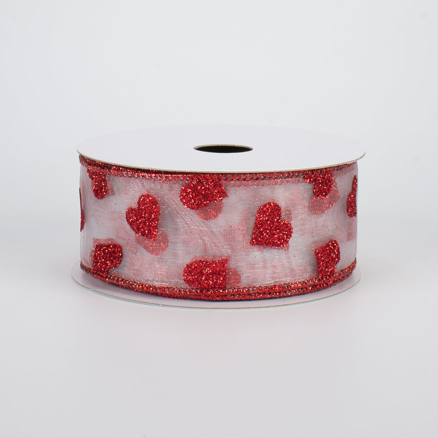 1.5" Glitter Hearts Ribbon: Red On White Sheer (10 Yards) Item Number: Q610109-01