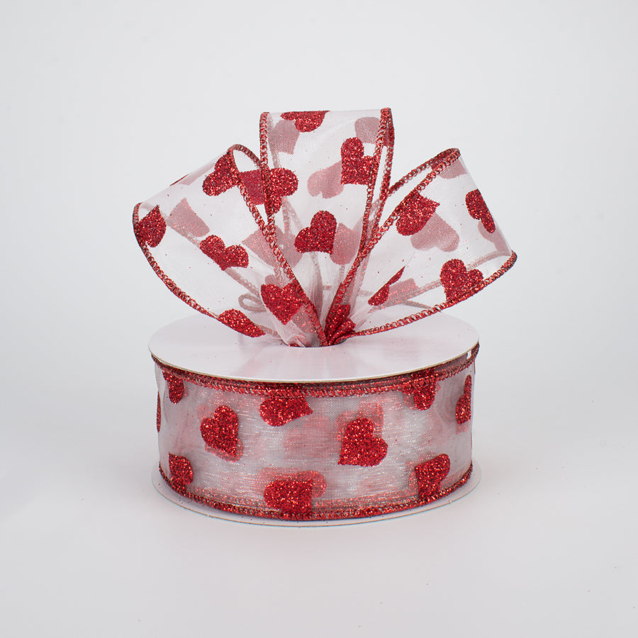 1.5" Glitter Hearts Ribbon: Red On White Sheer (10 Yards) Lifestyle Photo