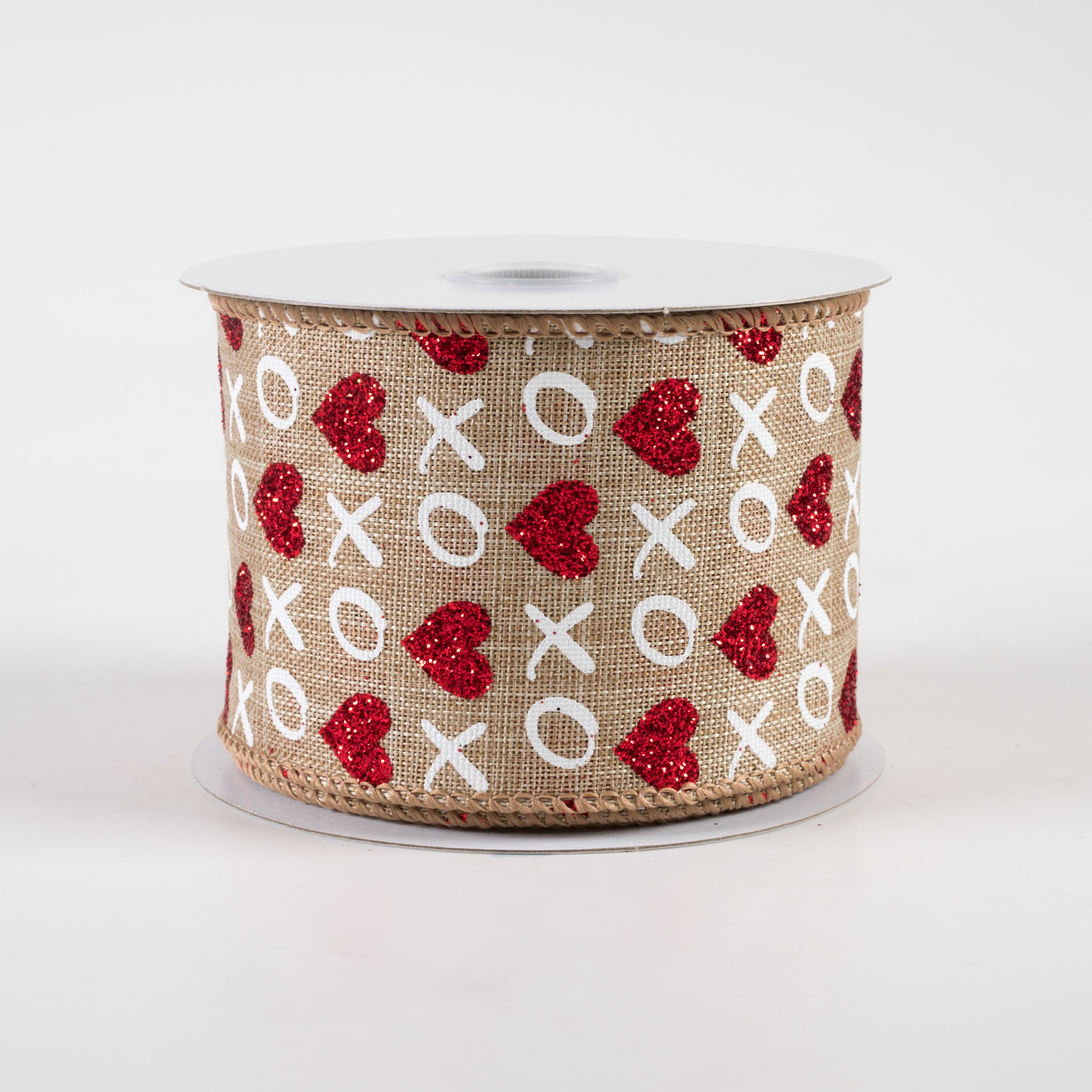 2.5" Glitter Hearts XO Linen Ribbon: Natural, Red, White (10 Yards) Item Number: 11309-40-14