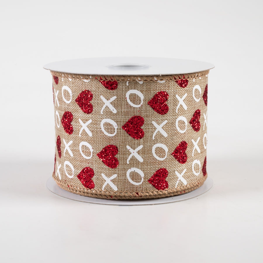2.5" Glitter Hearts XO Linen Ribbon: Natural, Red, White (10 Yards) Item Number: 11309-40-14