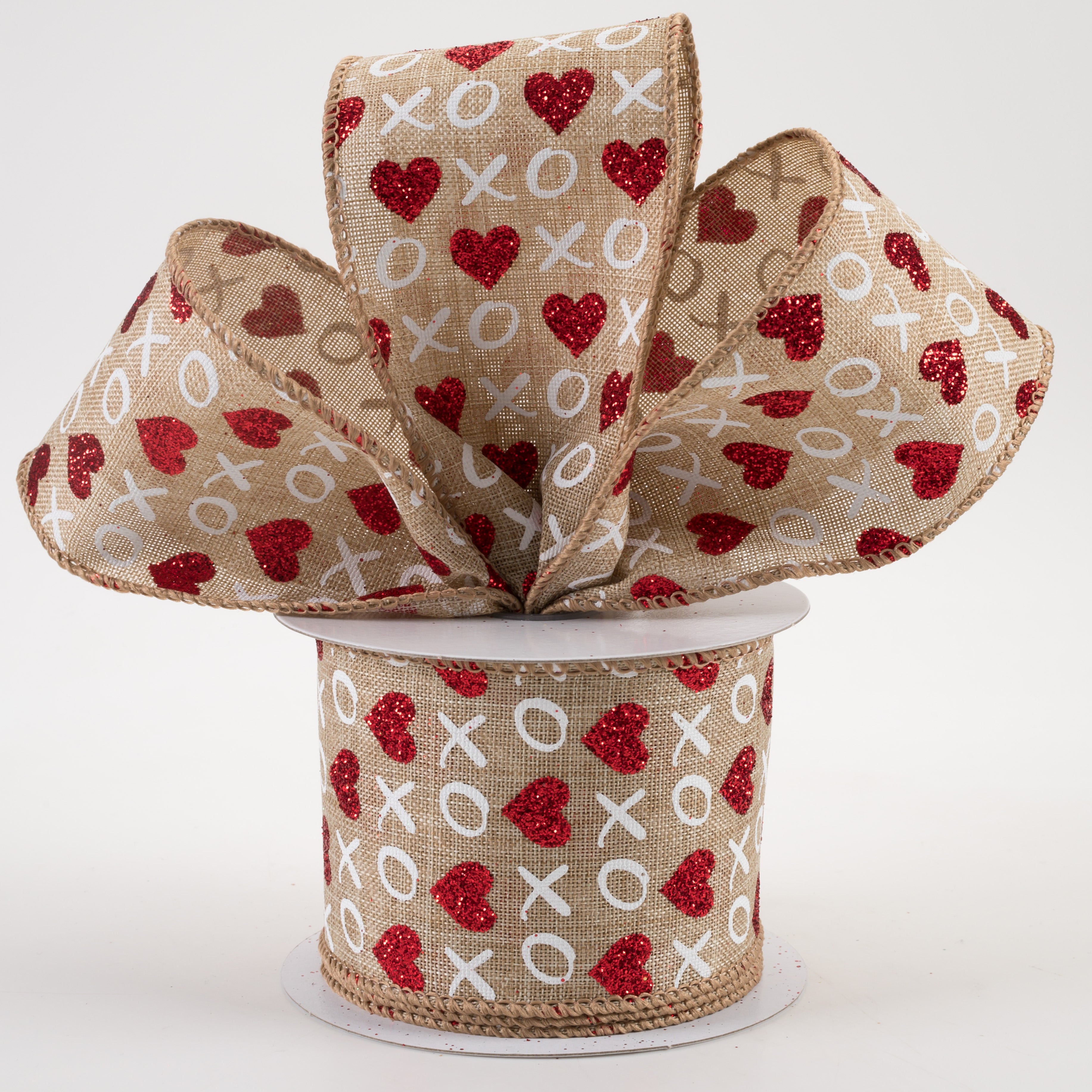 2.5" Glitter Hearts XO Linen Ribbon: Natural, Red, White (10 Yards) Lifestyle Photo