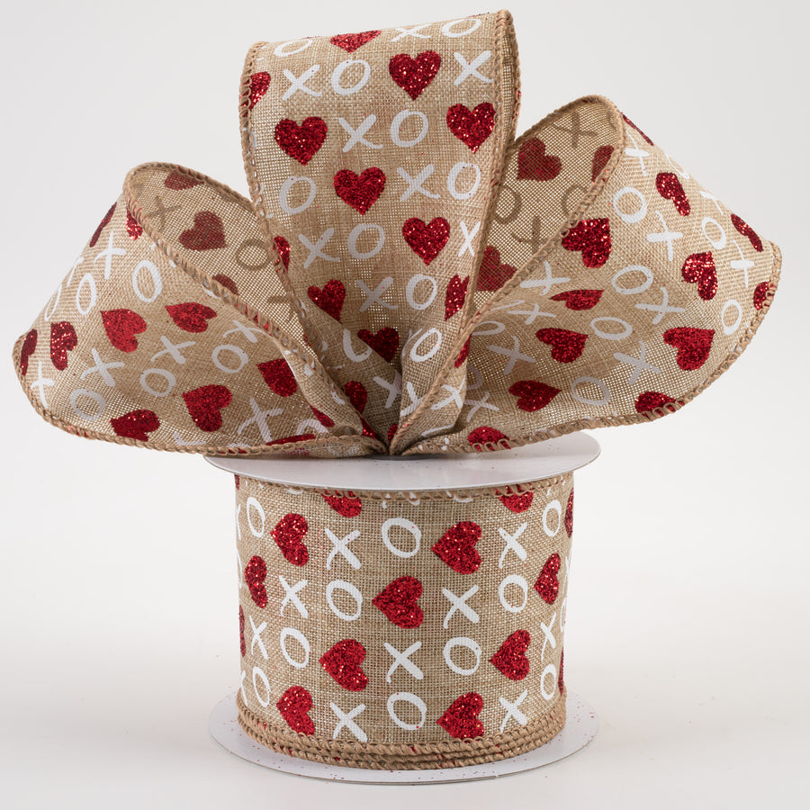 2.5" Glitter Hearts XO Linen Ribbon: Natural, Red, White (10 Yards) Lifestyle Photo