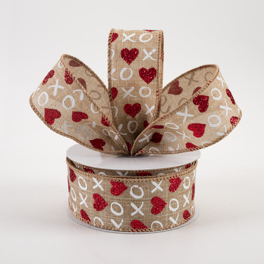 1.5" Glitter Hearts XO Linen Ribbon: Natural, Red, White (10 Yards) Lifestyle Photo