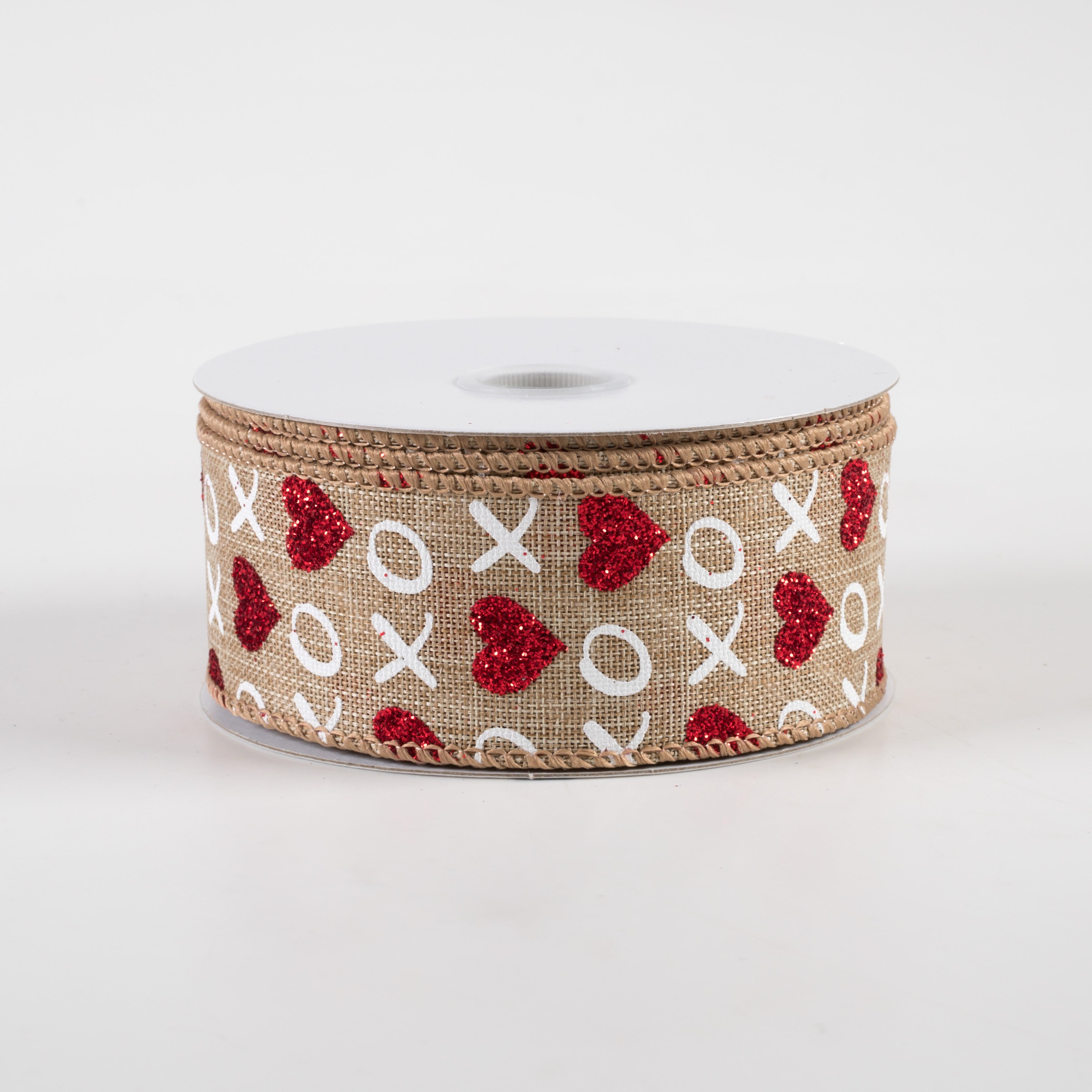1.5" Glitter Hearts XO Linen Ribbon: Natural, Red, White (10 Yards) Item Number: 11309-09-14
