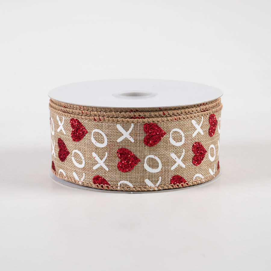 1.5" Glitter Hearts XO Linen Ribbon: Natural, Red, White (10 Yards) Item Number: 11309-09-14