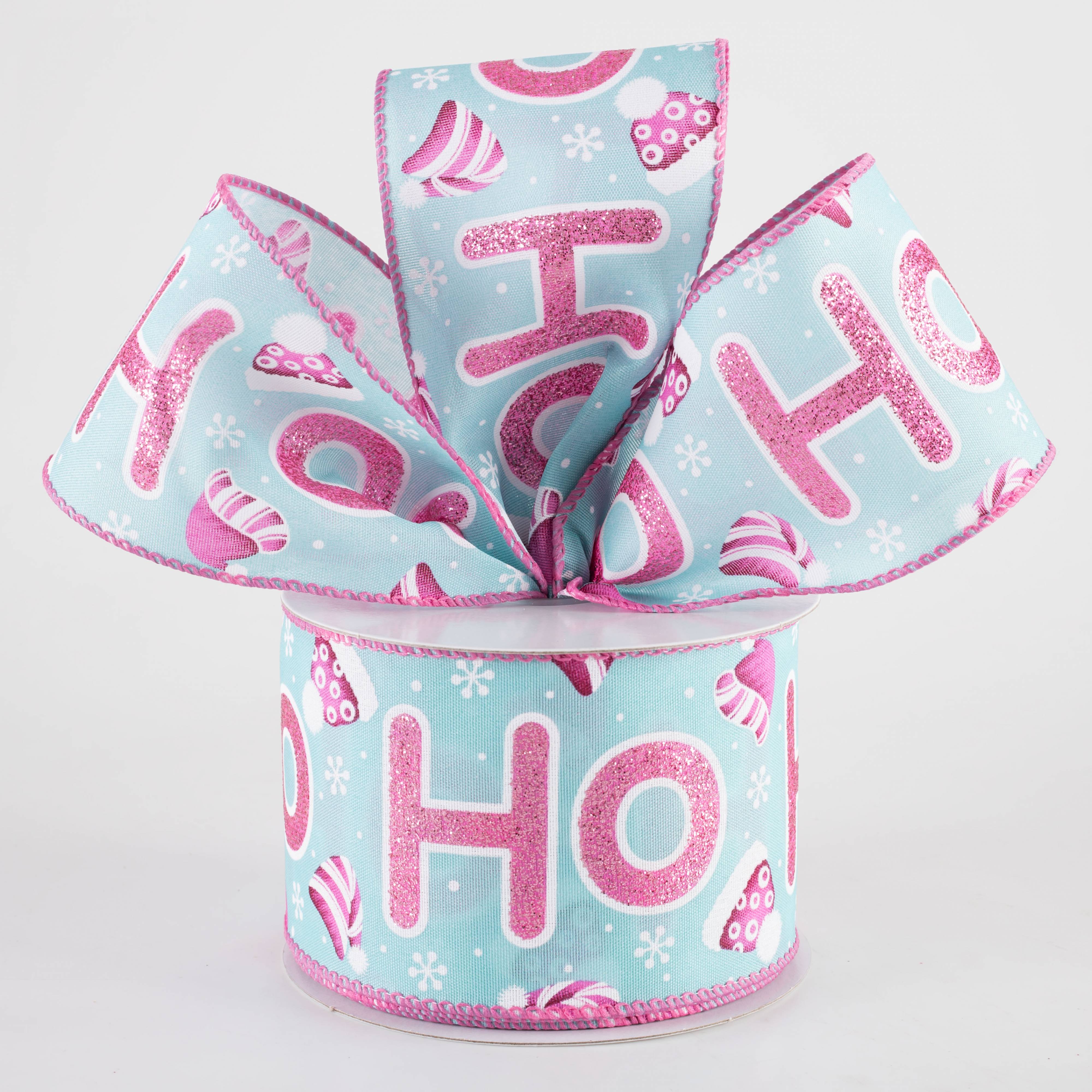 2.5" Glitter Ho Ho Ho and Hats Ribbon: Pink & Blue (10 Yards) Lifestyle Photo