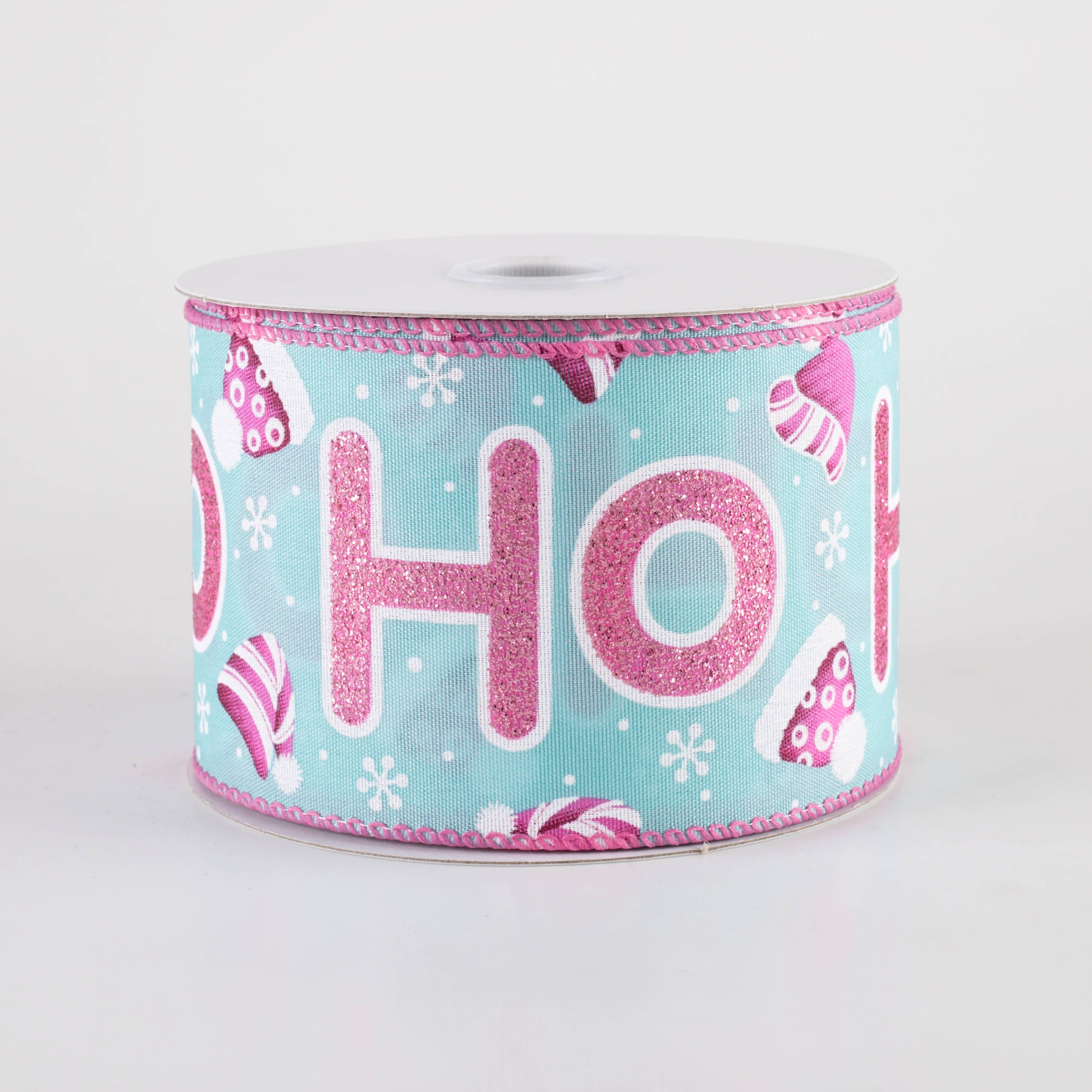 2.5" Glitter Ho Ho Ho and Hats Ribbon: Pink & Blue (10 Yards) Item Number: 71402-40-01