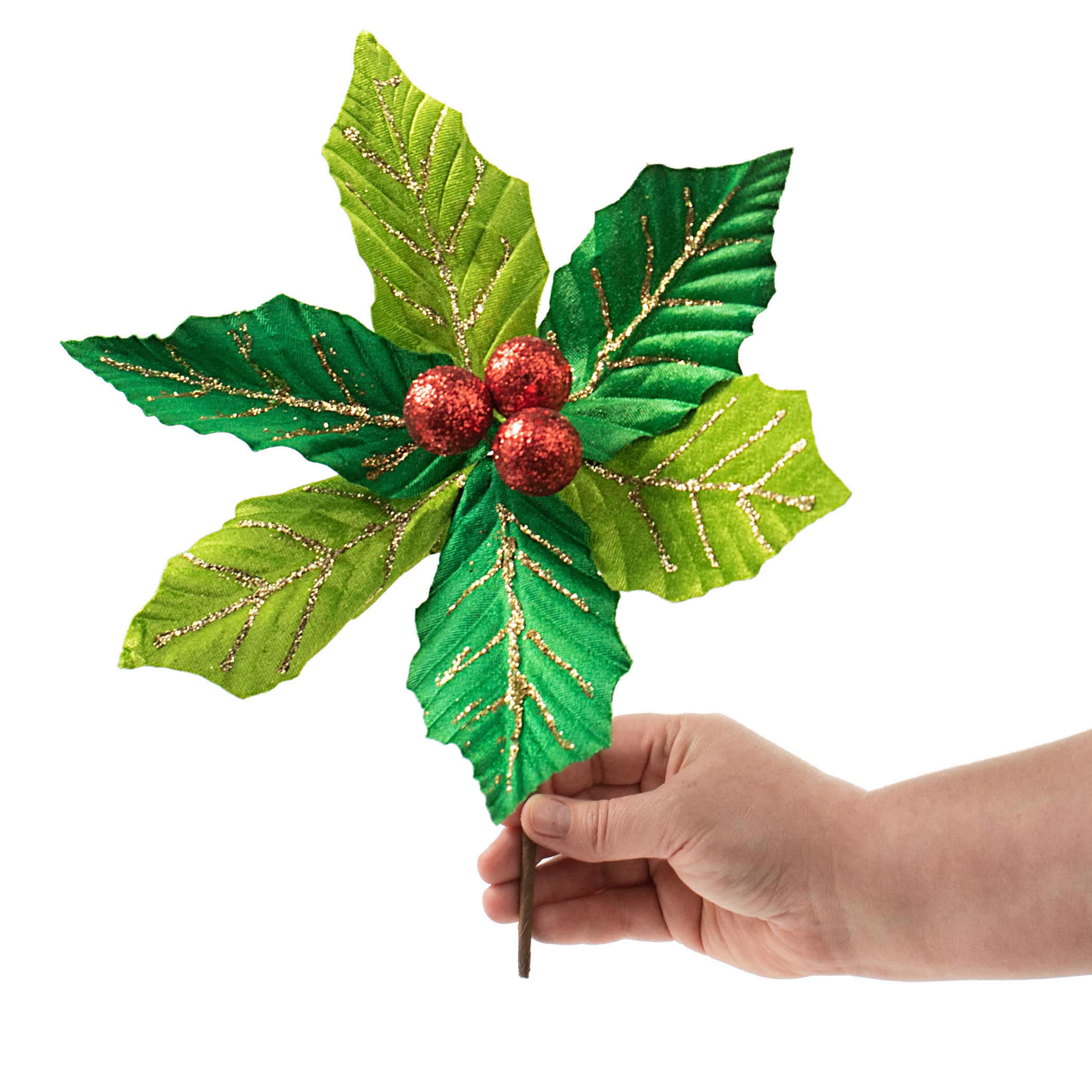 10" Glitter Holly Poinsettia Pick: Green & Red Lifestyle Photo