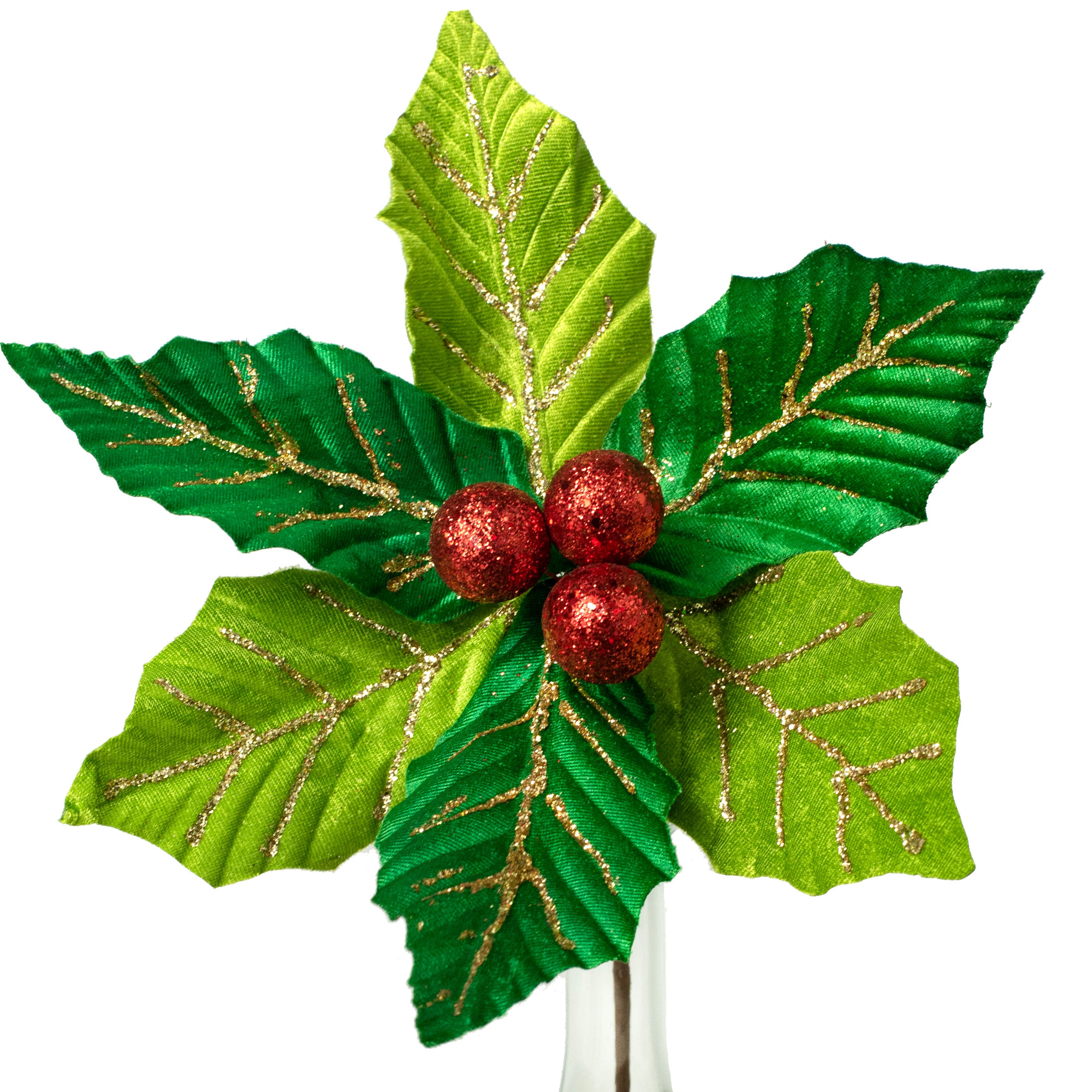 10" Glitter Holly Poinsettia Pick: Green & Red Item Number: 280791