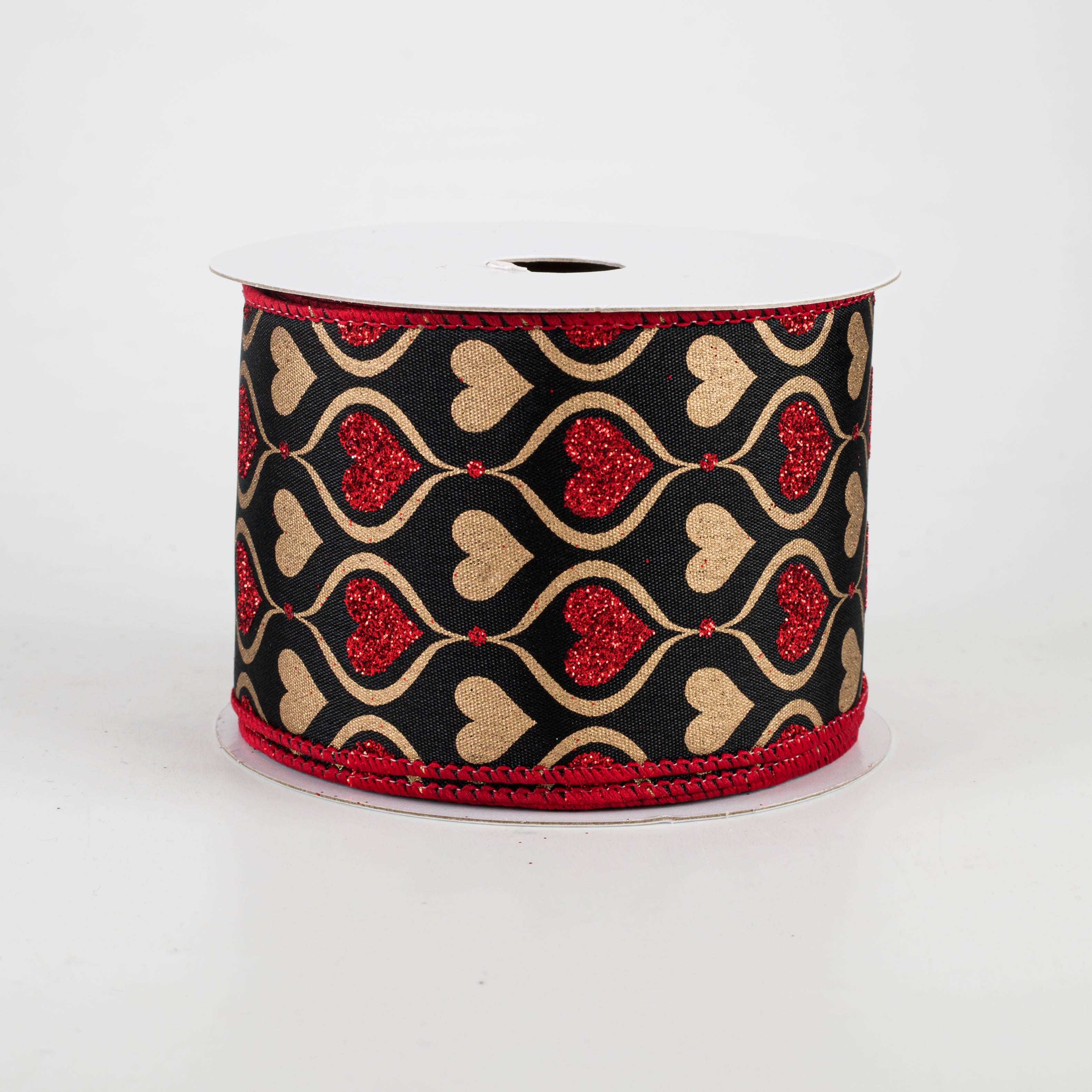 2.5" Glitter Hourglass Hearts Ribbon: Black, Red, Gold (10 Yards)