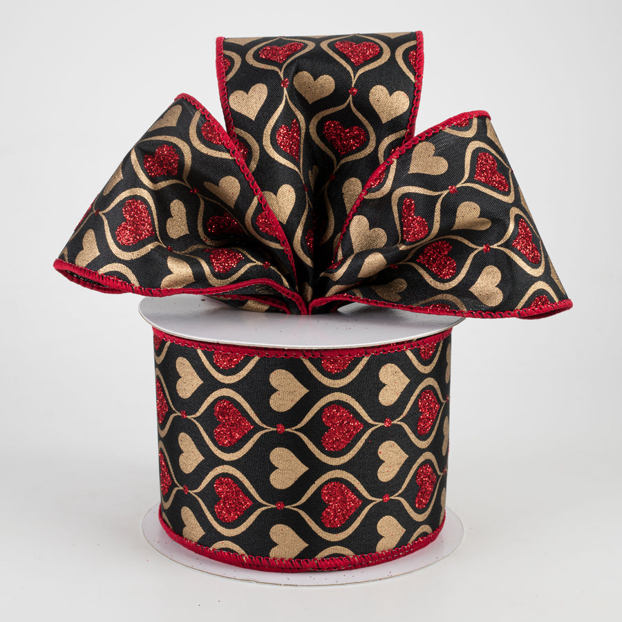 2.5" Glitter Hourglass Hearts Ribbon: Black, Red, Gold (10 Yards) Lifestyle Photo