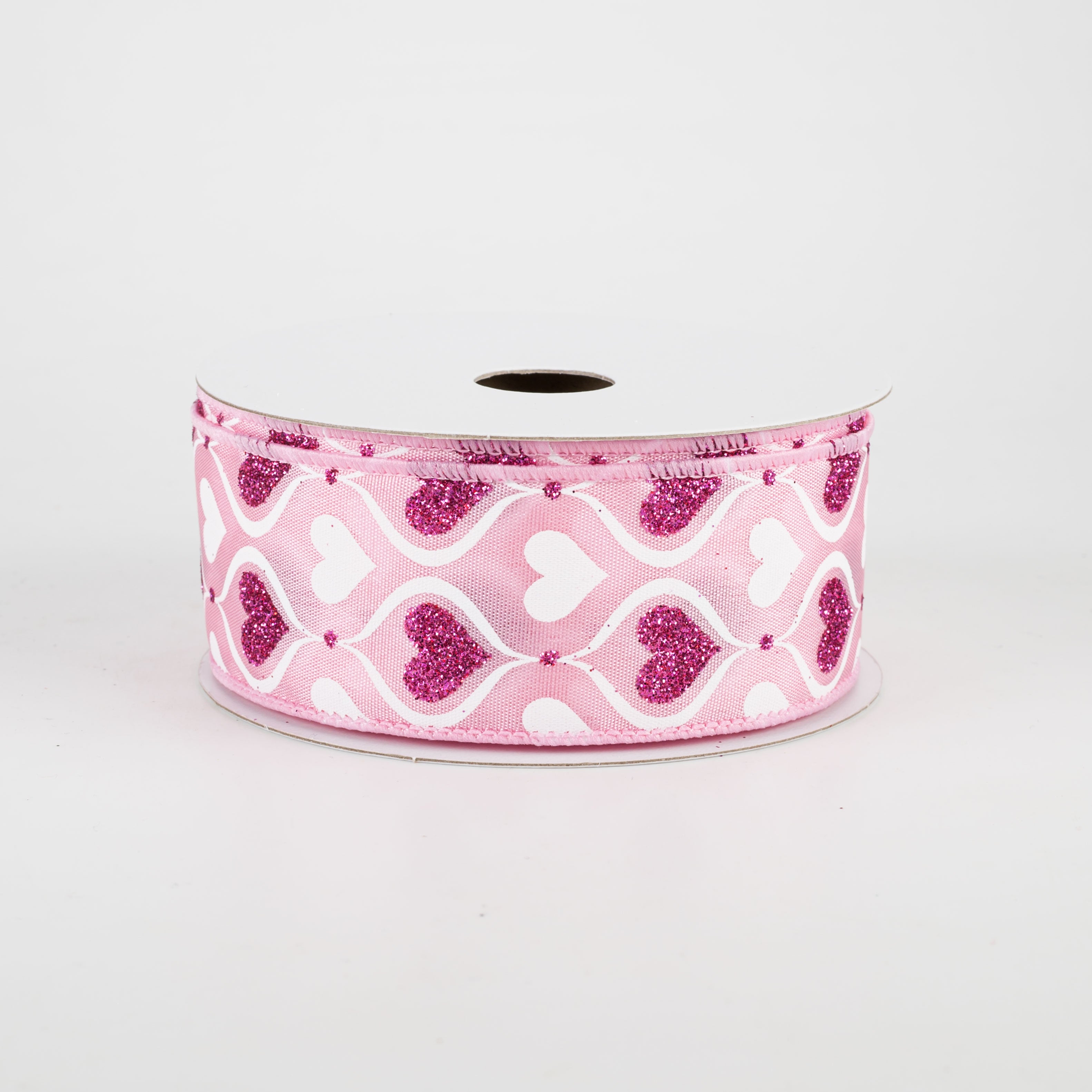 1.5" Glitter Hourglass Hearts Ribbon: Pink & White (10 Yards)