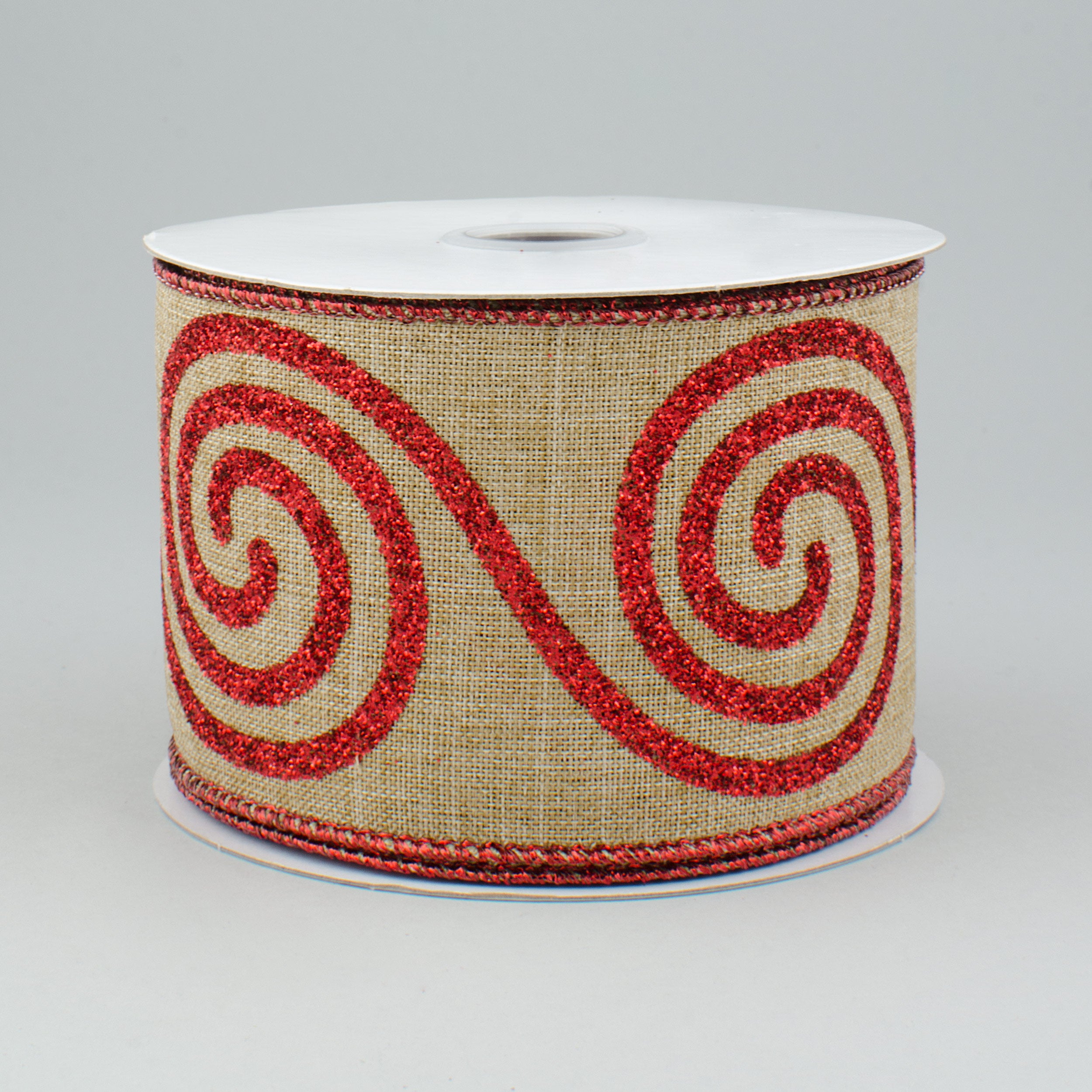2.5" Glitter Large Swirl Ribbon: Beige & Red (10 Yards)