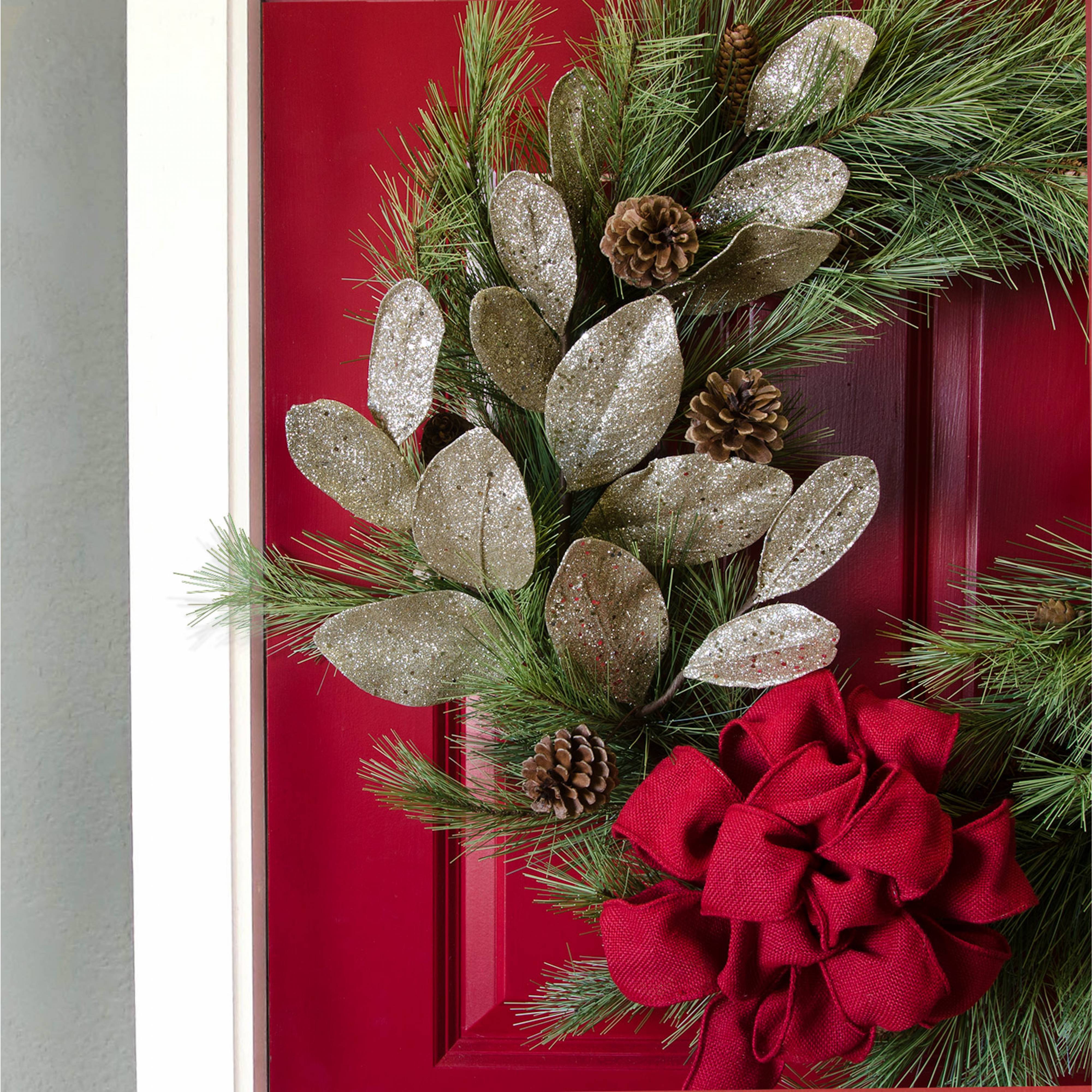 36" Glitter Magnolia Leaf Spray: Metallic Platinum Silver detail photo 3