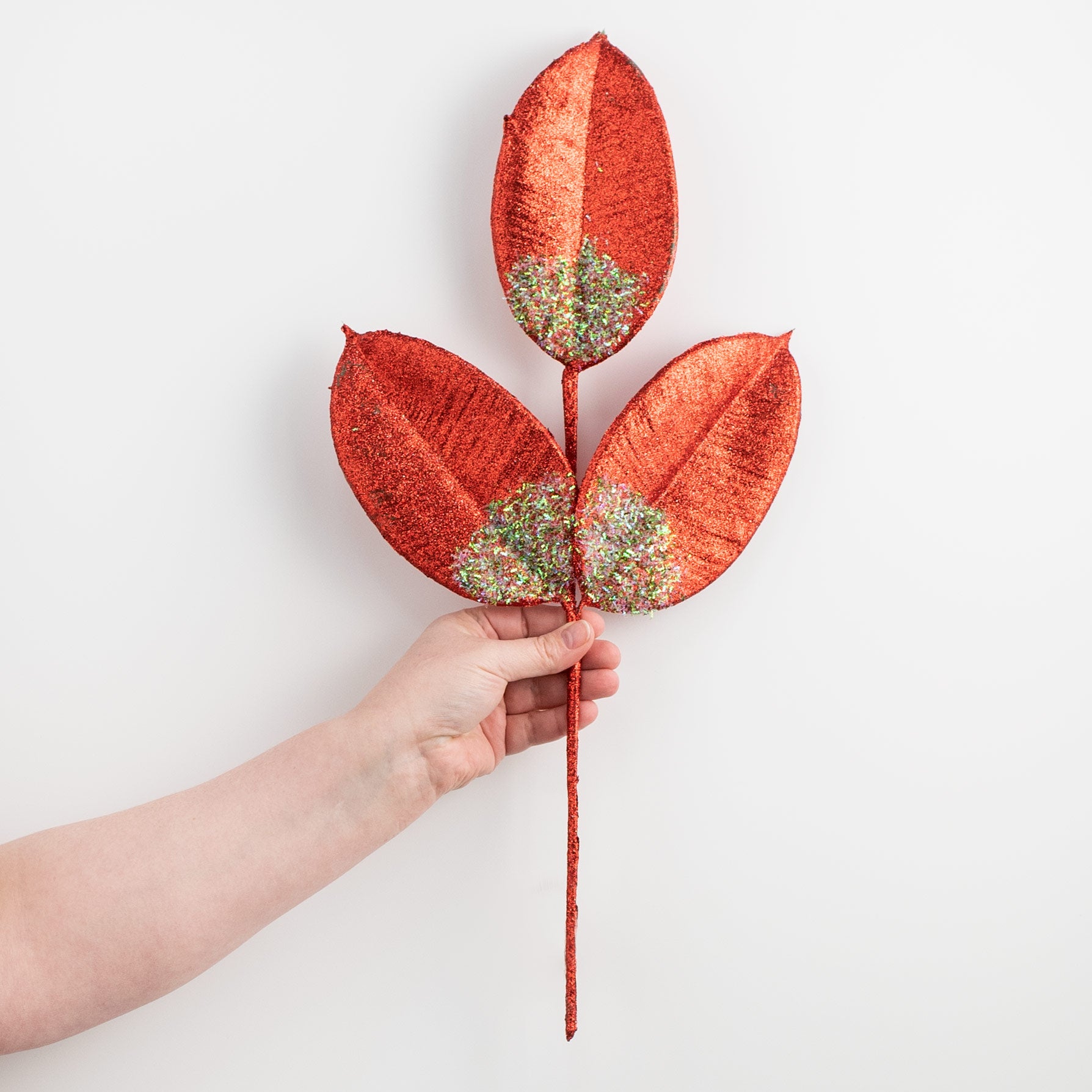 18" Glitter Magnolia Leaves Spray: Red detail photo 3