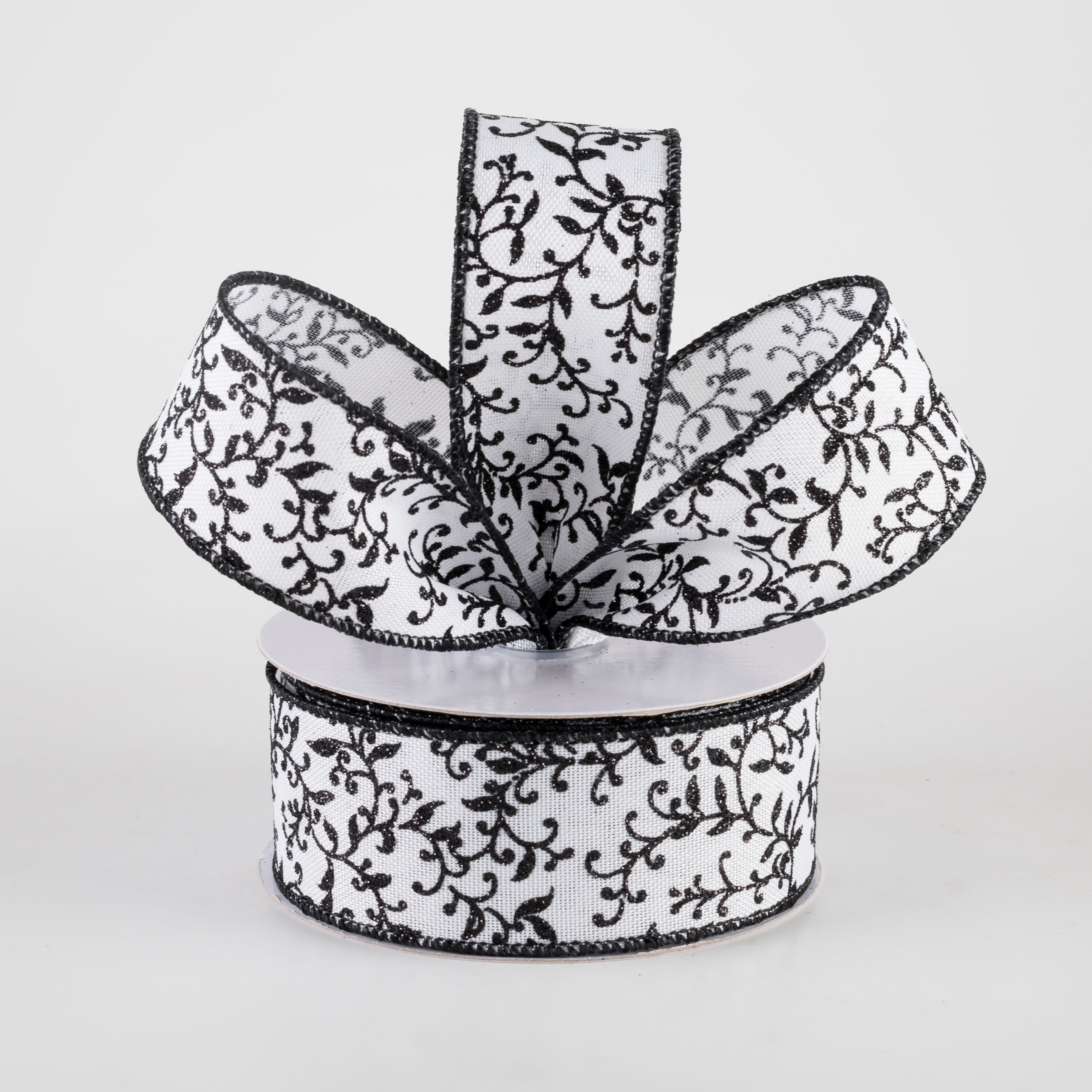 1.5" Glitter Mini Leaf Vines Ribbon: Black & White (10 Yards) Lifestyle Photo
