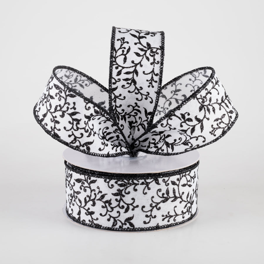 1.5" Glitter Mini Leaf Vines Ribbon: Black & White (10 Yards) Lifestyle Photo