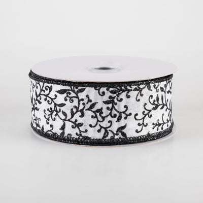 1.5" Glitter Mini Leaf Vines Ribbon: Black & White (10 Yards)