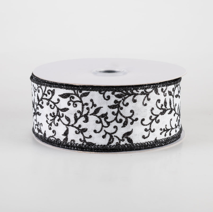 1.5" Glitter Mini Leaf Vines Ribbon: Black & White (10 Yards)