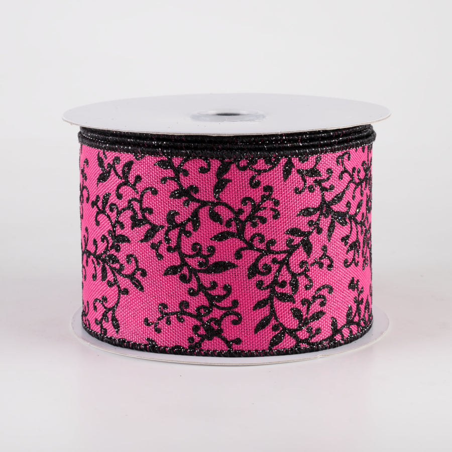 2.5" Glitter Mini Leaf Vines Ribbon: Fuchsia Pink & Black (10 Yards)