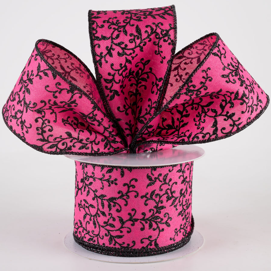2.5" Glitter Mini Leaf Vines Ribbon: Fuchsia Pink & Black (10 Yards) Lifestyle Photo