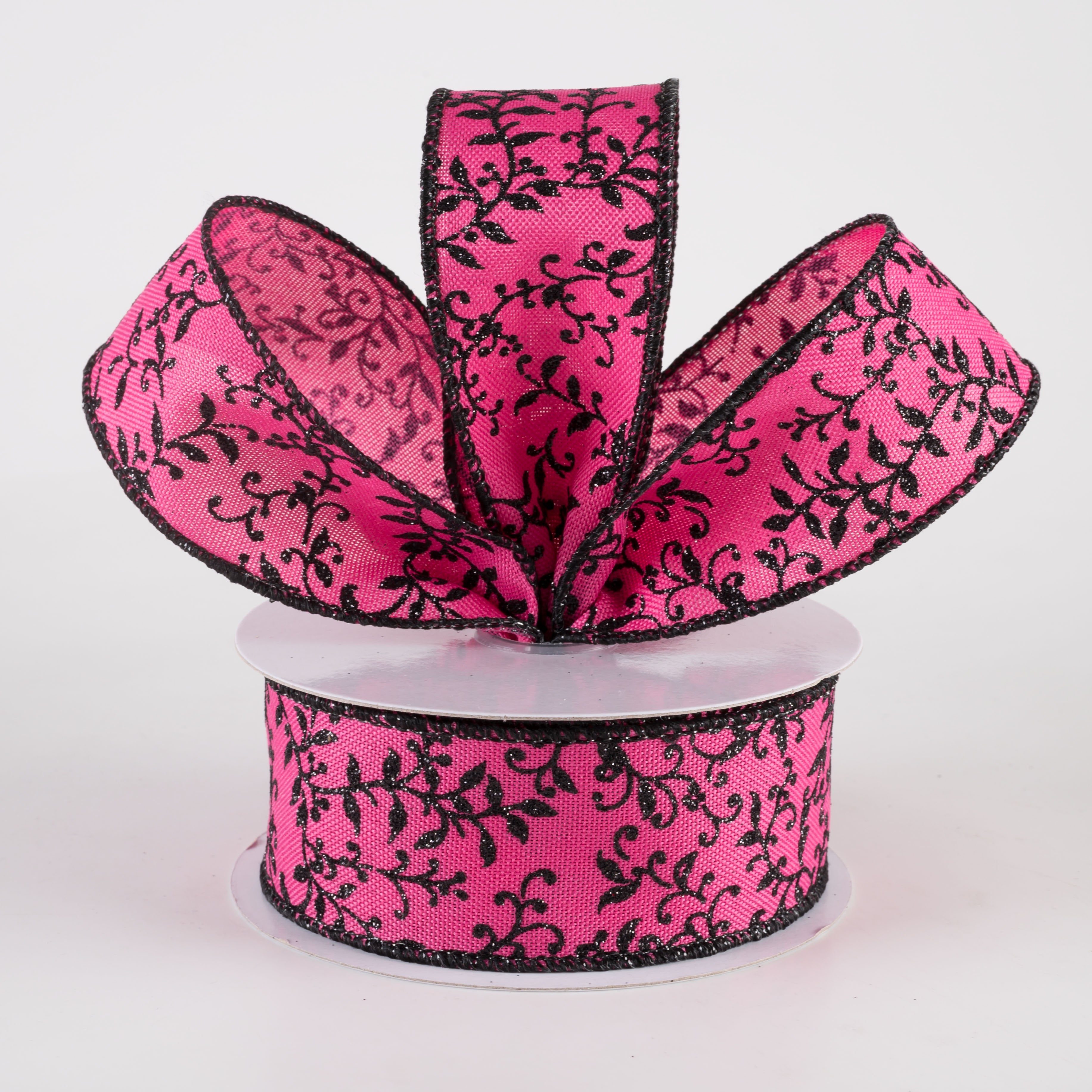 1.5" Glitter Mini Leaf Vines Ribbon: Fuchsia Pink & Black (10 Yards) Lifestyle Photo