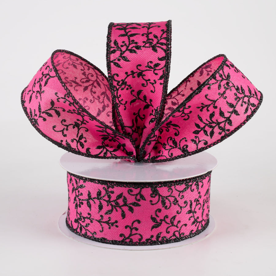 1.5" Glitter Mini Leaf Vines Ribbon: Fuchsia Pink & Black (10 Yards) Lifestyle Photo