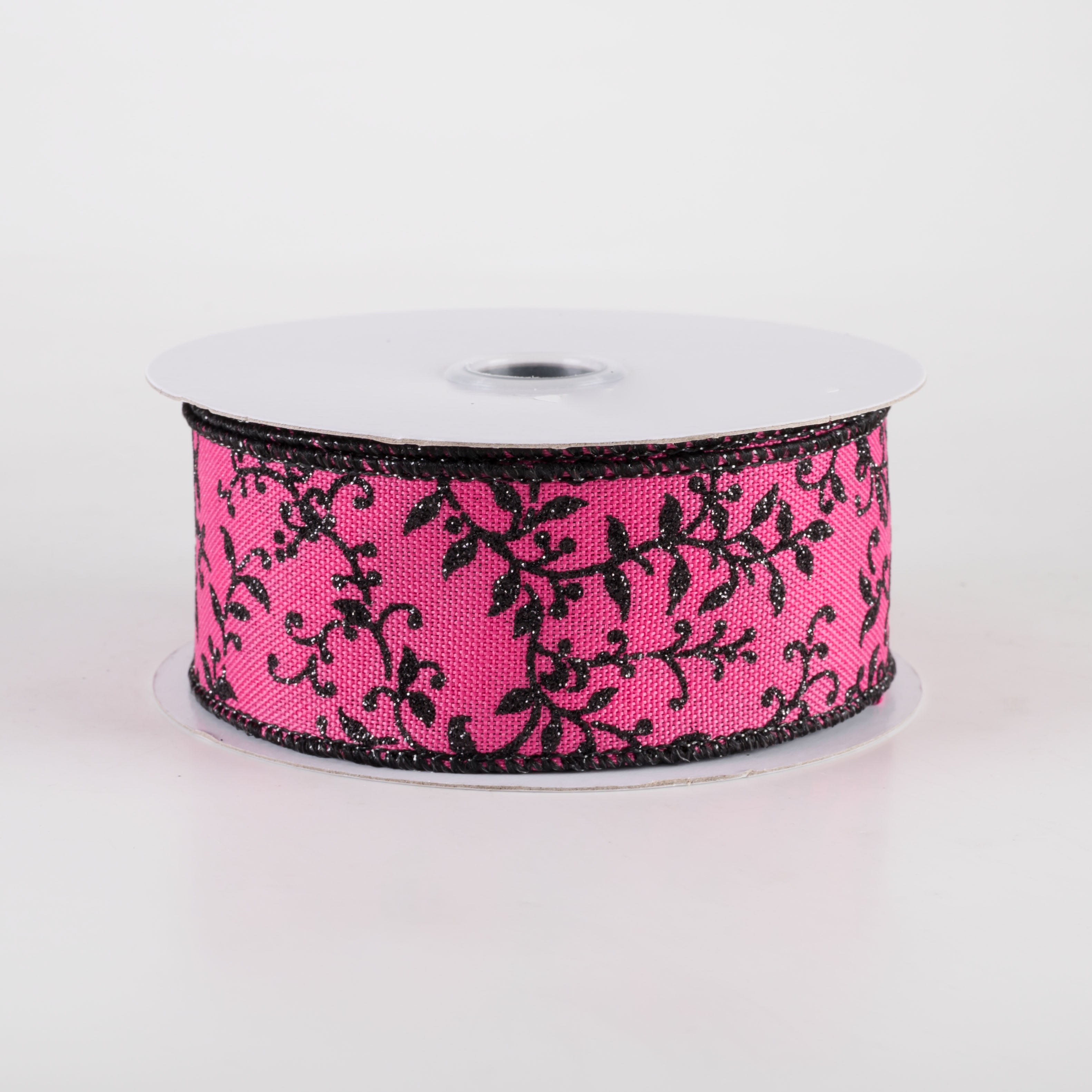 1.5" Glitter Mini Leaf Vines Ribbon: Fuchsia Pink & Black (10 Yards)