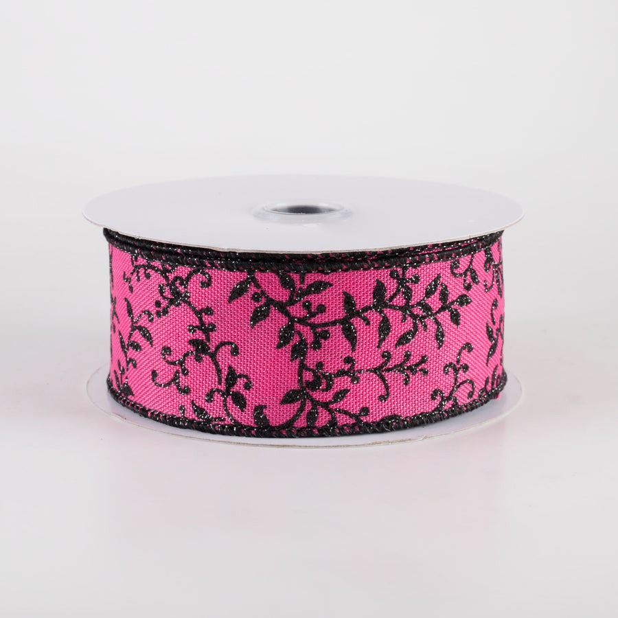 1.5" Glitter Mini Leaf Vines Ribbon: Fuchsia Pink & Black (10 Yards)