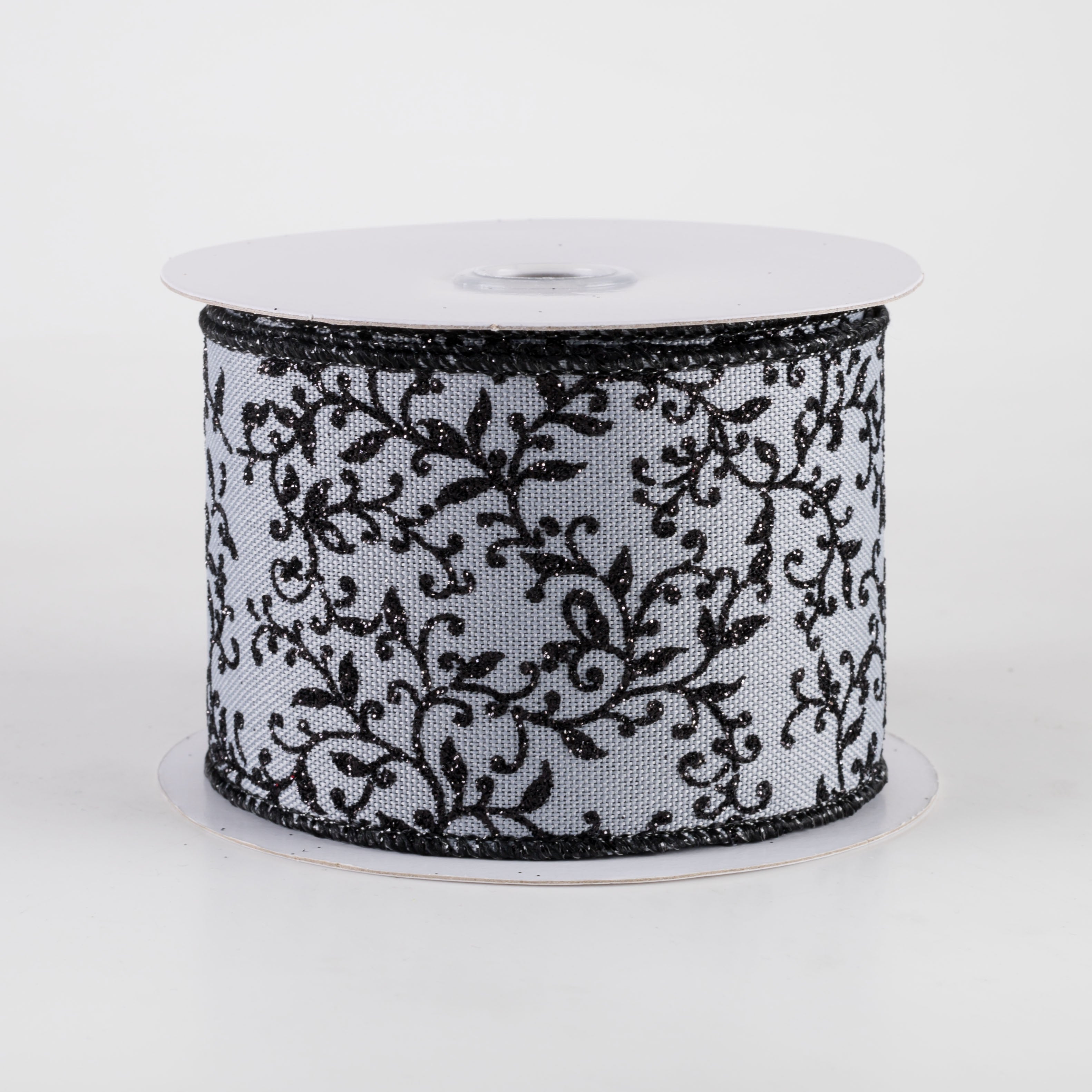 2.5" Glitter Mini Leaf Vines Ribbon: Grey & Black (10 Yards)