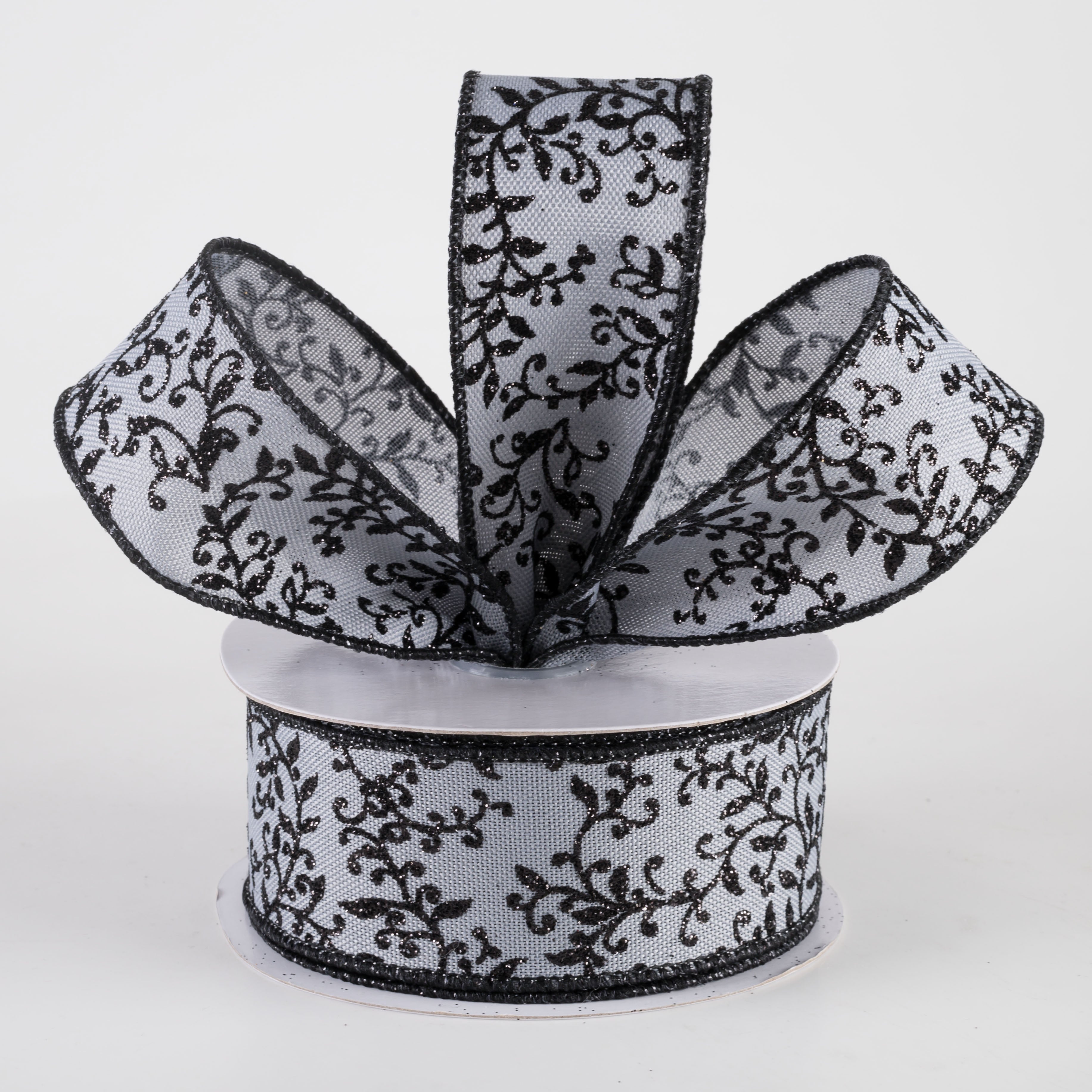 1.5" Glitter Mini Leaf Vines Ribbon: Grey & Black (10 Yards) Lifestyle Photo