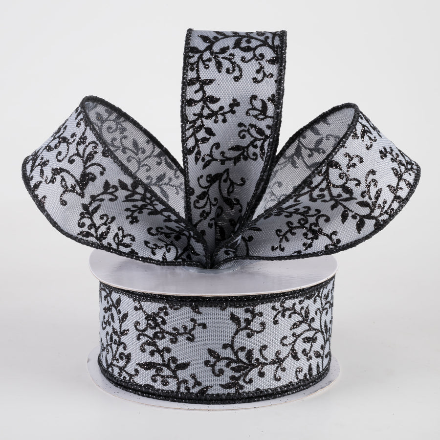 1.5" Glitter Mini Leaf Vines Ribbon: Grey & Black (10 Yards) Lifestyle Photo