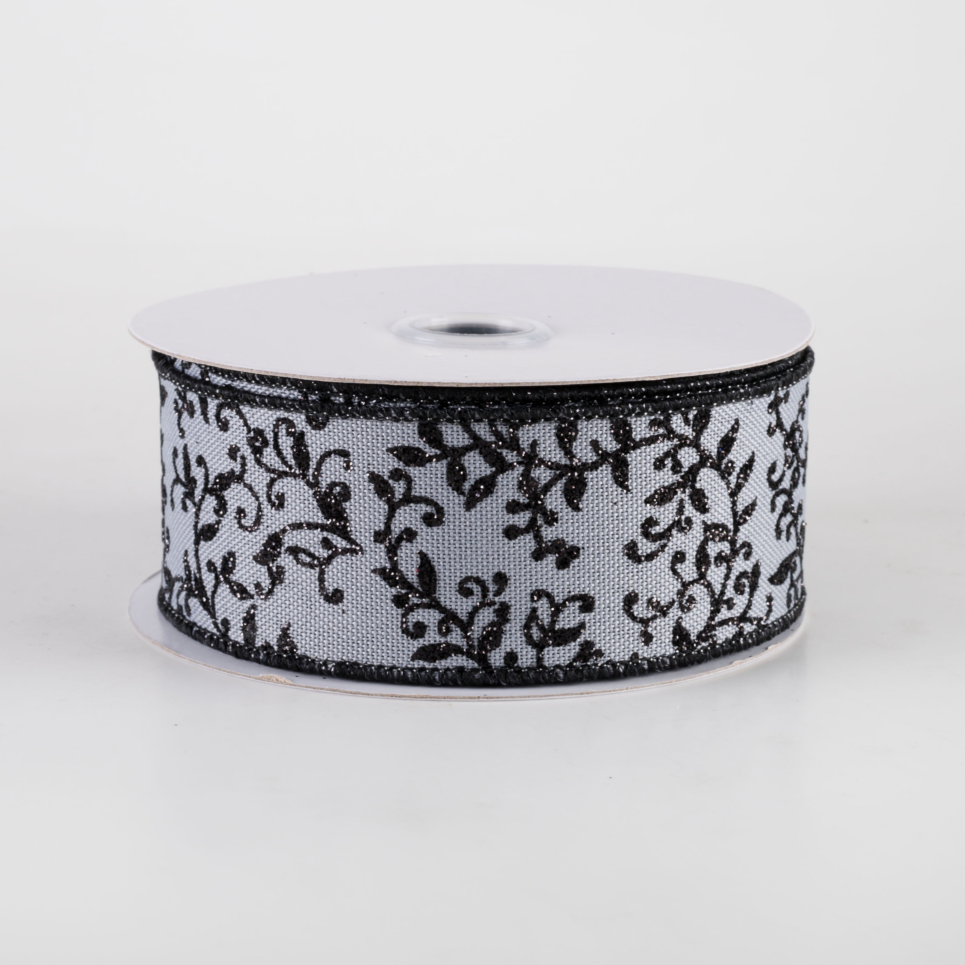 1.5" Glitter Mini Leaf Vines Ribbon: Grey & Black (10 Yards)