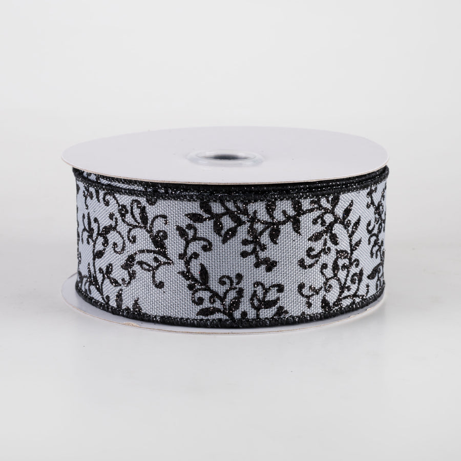 1.5" Glitter Mini Leaf Vines Ribbon: Grey & Black (10 Yards)