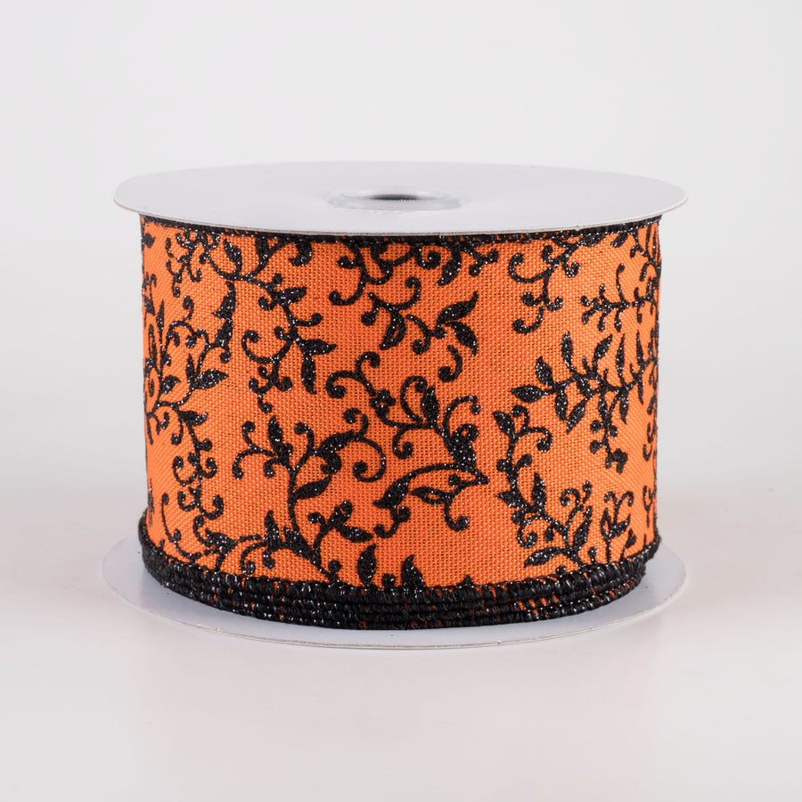 2.5" Glitter Mini Leaf Vines Ribbon: Orange & Black (10 Yards)