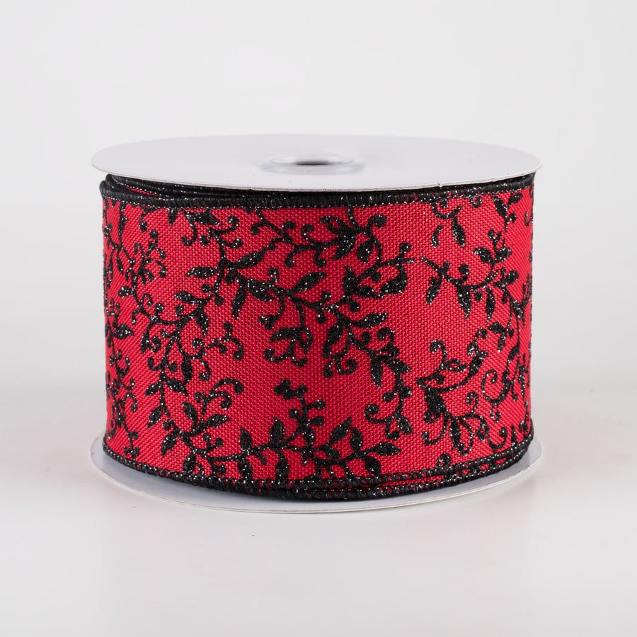 2.5" Glitter Mini Leaf Vines Ribbon: Red & Black (10 Yards)